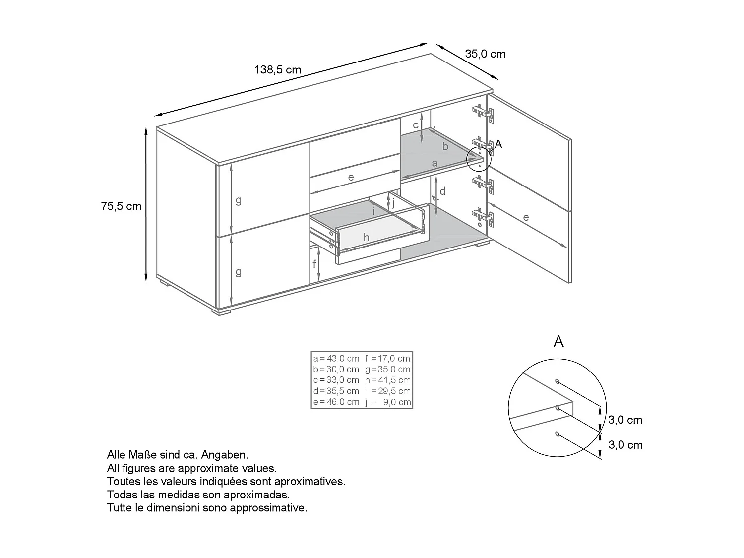 Buffet Rova V1 – Meuble avec 4 Portes et 4 Tiroirs, anthracite mat/Chêne Wotan (138,5 x 75,5 x 35)
