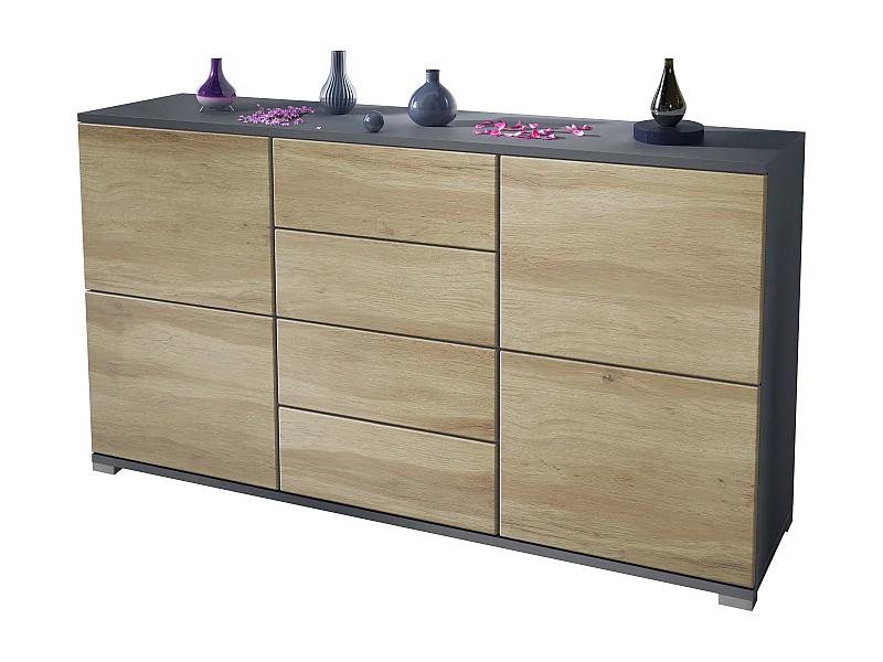 Buffet Rova V1 – Meuble avec 4 Portes et 4 Tiroirs, anthracite mat/Chêne Wotan (138,5 x 75,5 x 35)