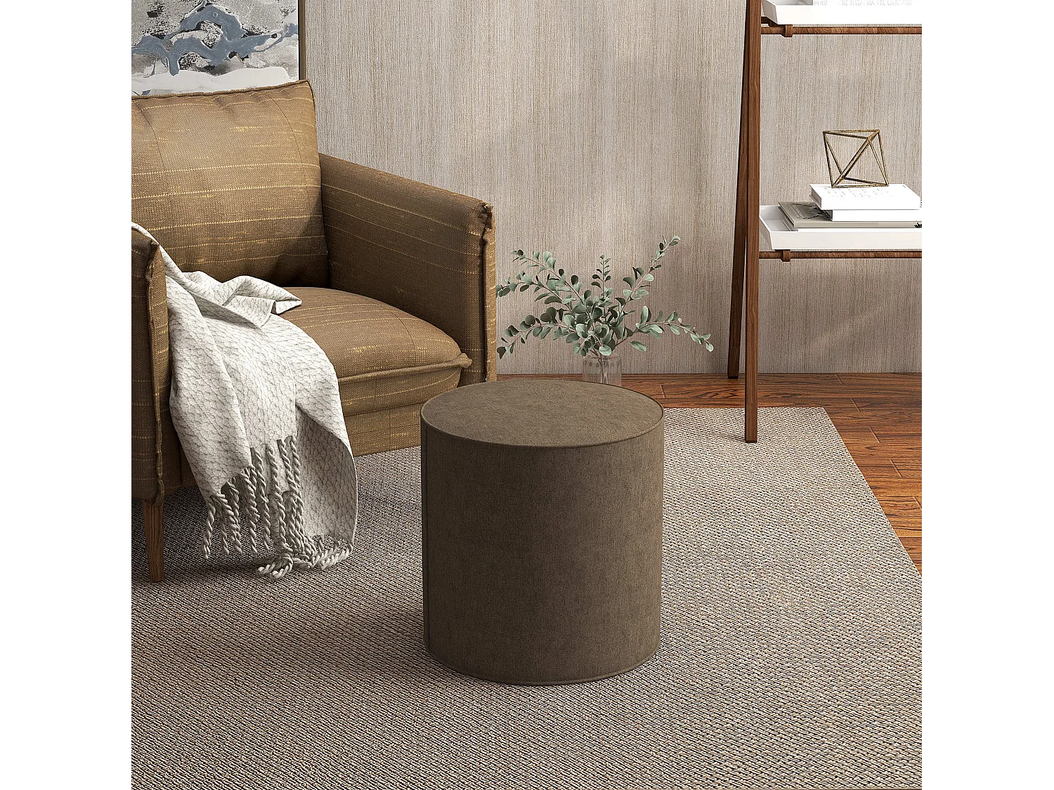 Poggiapiedi imbottito con rivestimento in tessuto effetto lino marrone