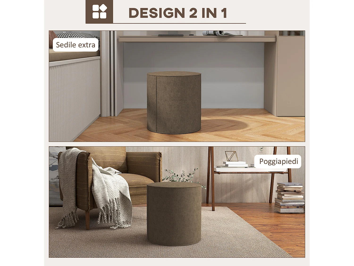 Poggiapiedi imbottito con rivestimento in tessuto effetto lino marrone