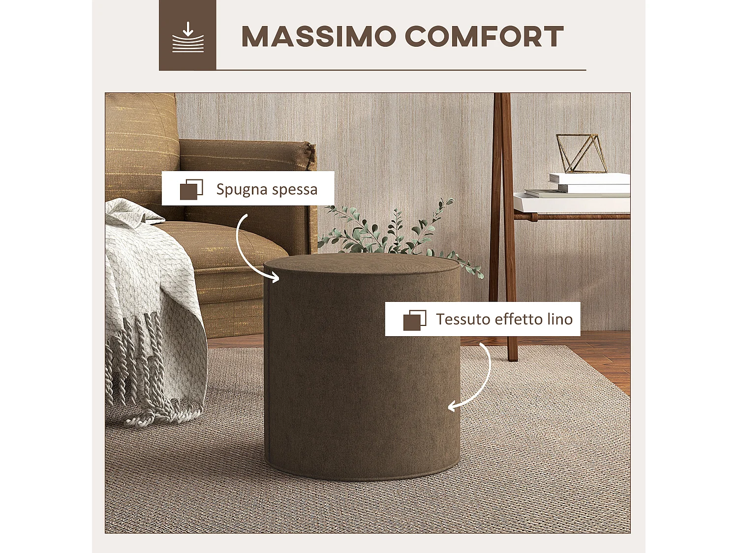 Poggiapiedi imbottito con rivestimento in tessuto effetto lino marrone