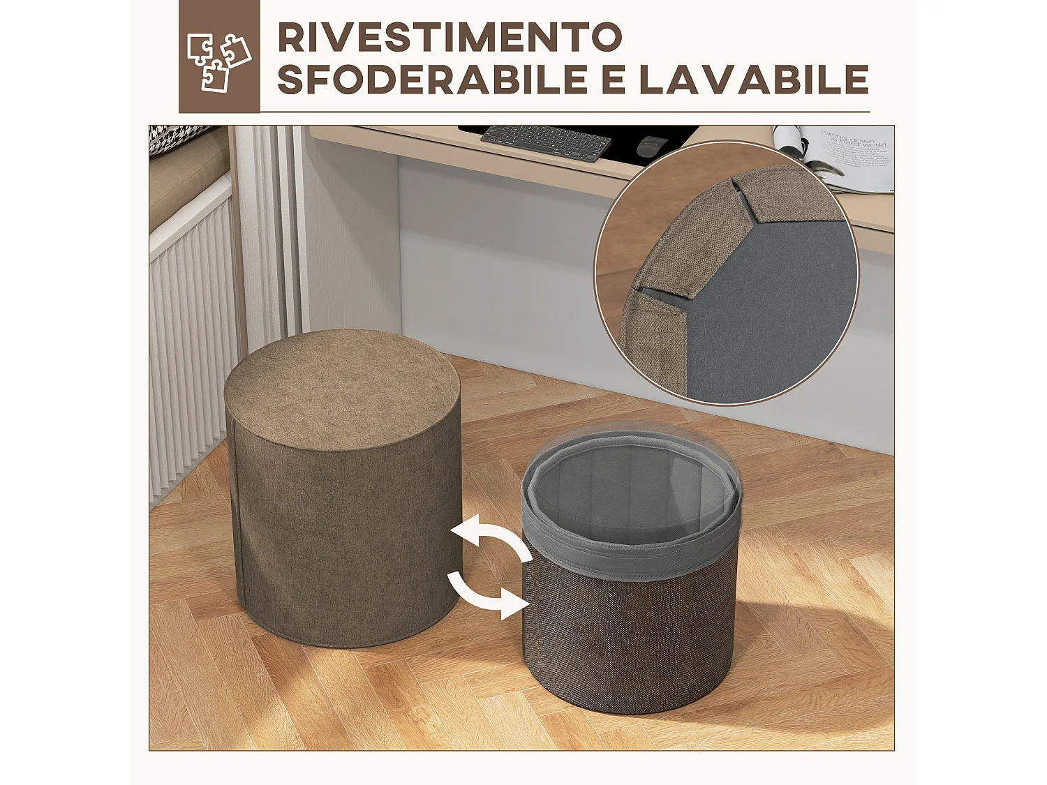 Poggiapiedi imbottito con rivestimento in tessuto effetto lino marrone