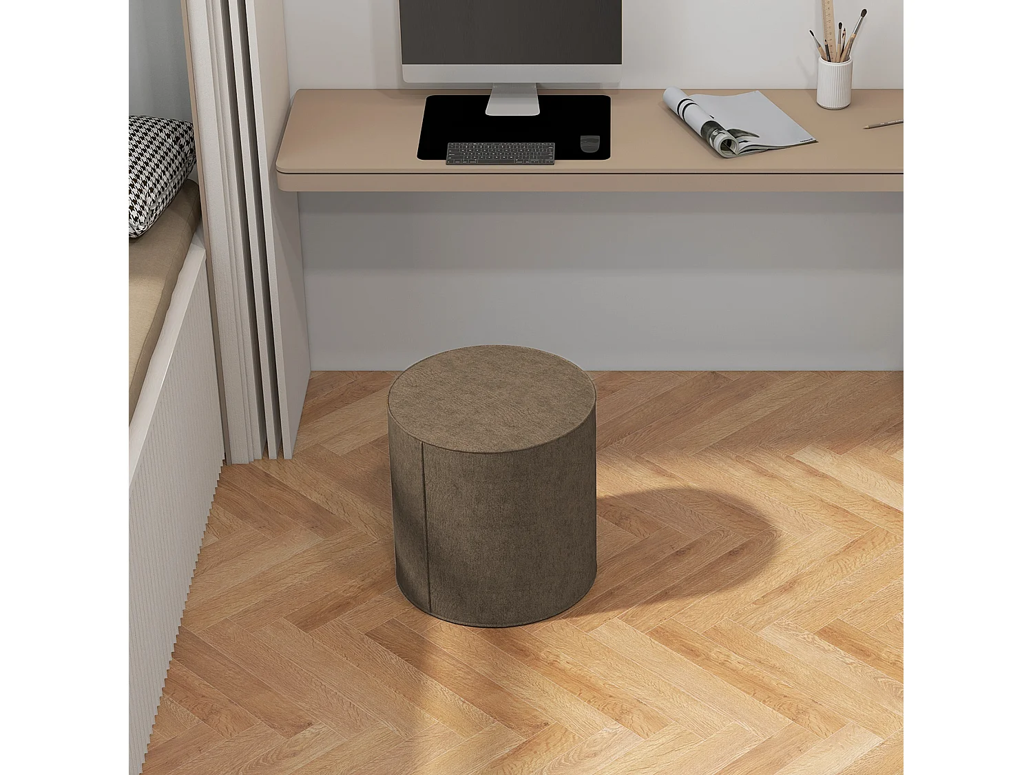 Poggiapiedi imbottito con rivestimento in tessuto effetto lino marrone