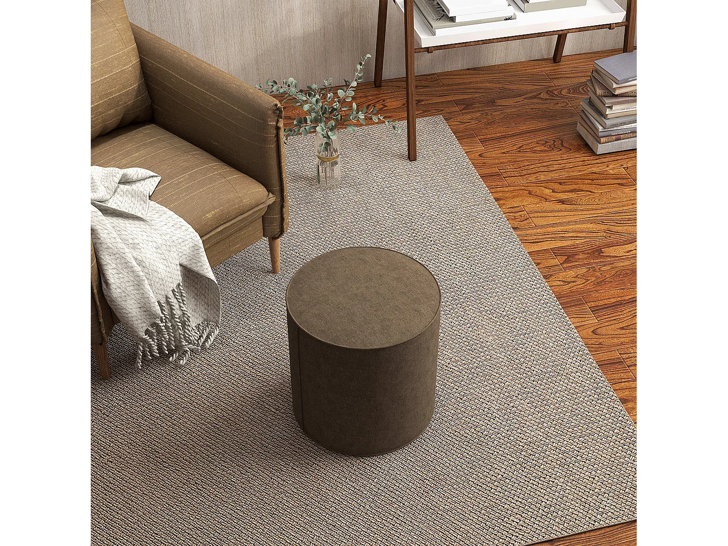 Poggiapiedi imbottito con rivestimento in tessuto effetto lino marrone