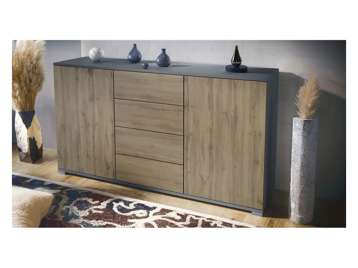 Buffet Santo V1, Enfilade avec 2 portes et 4 tiroirs, anthracite mat / Chêne Evoke (138,5 x 75,5 x 35 cm)