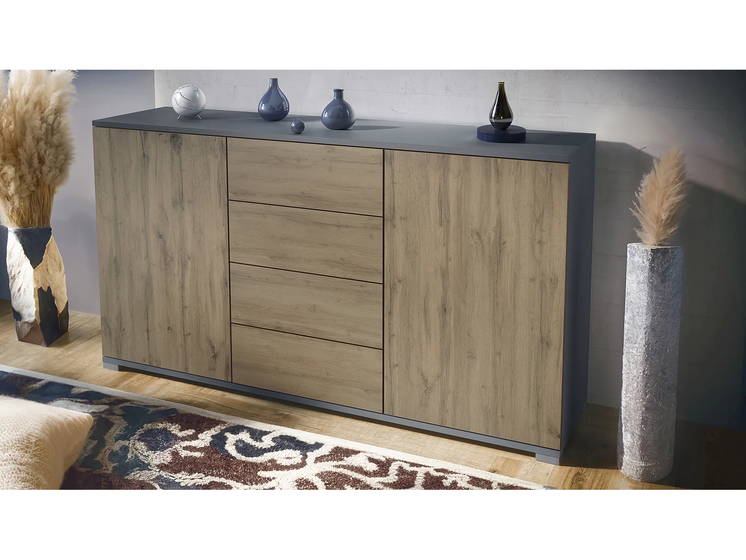 Buffet Santo V1, Enfilade avec 2 portes et 4 tiroirs, anthracite mat / Chêne Evoke (138,5 x 75,5 x 35 cm)