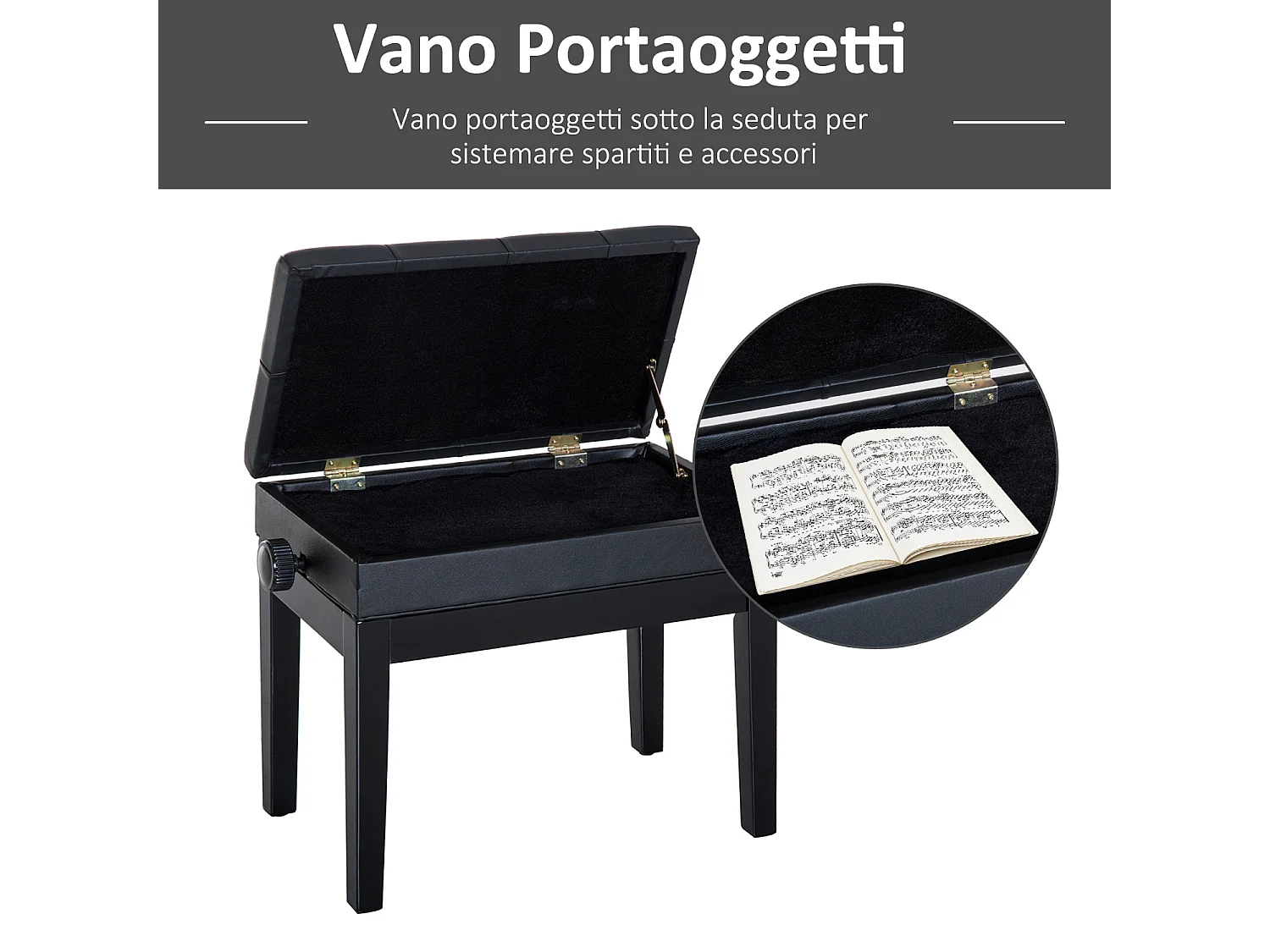 Sgabello per pianoforte altezza regolabile e vano portaoggetti nero