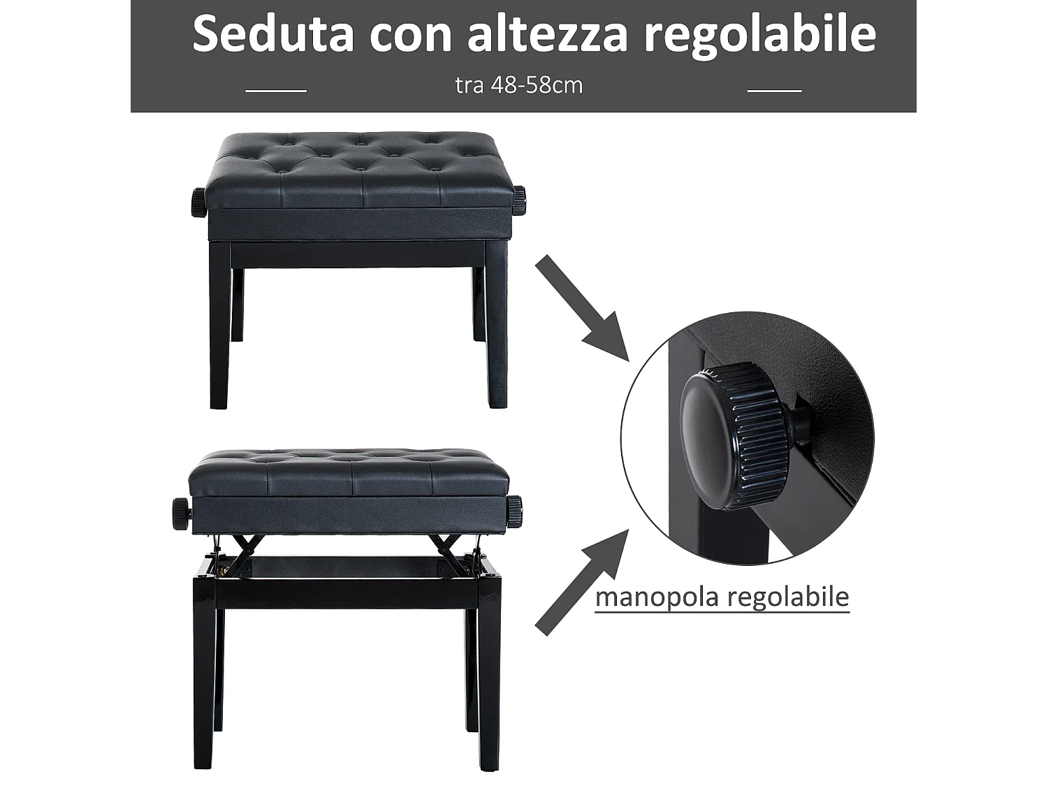 Sgabello per pianoforte altezza regolabile e vano portaoggetti nero