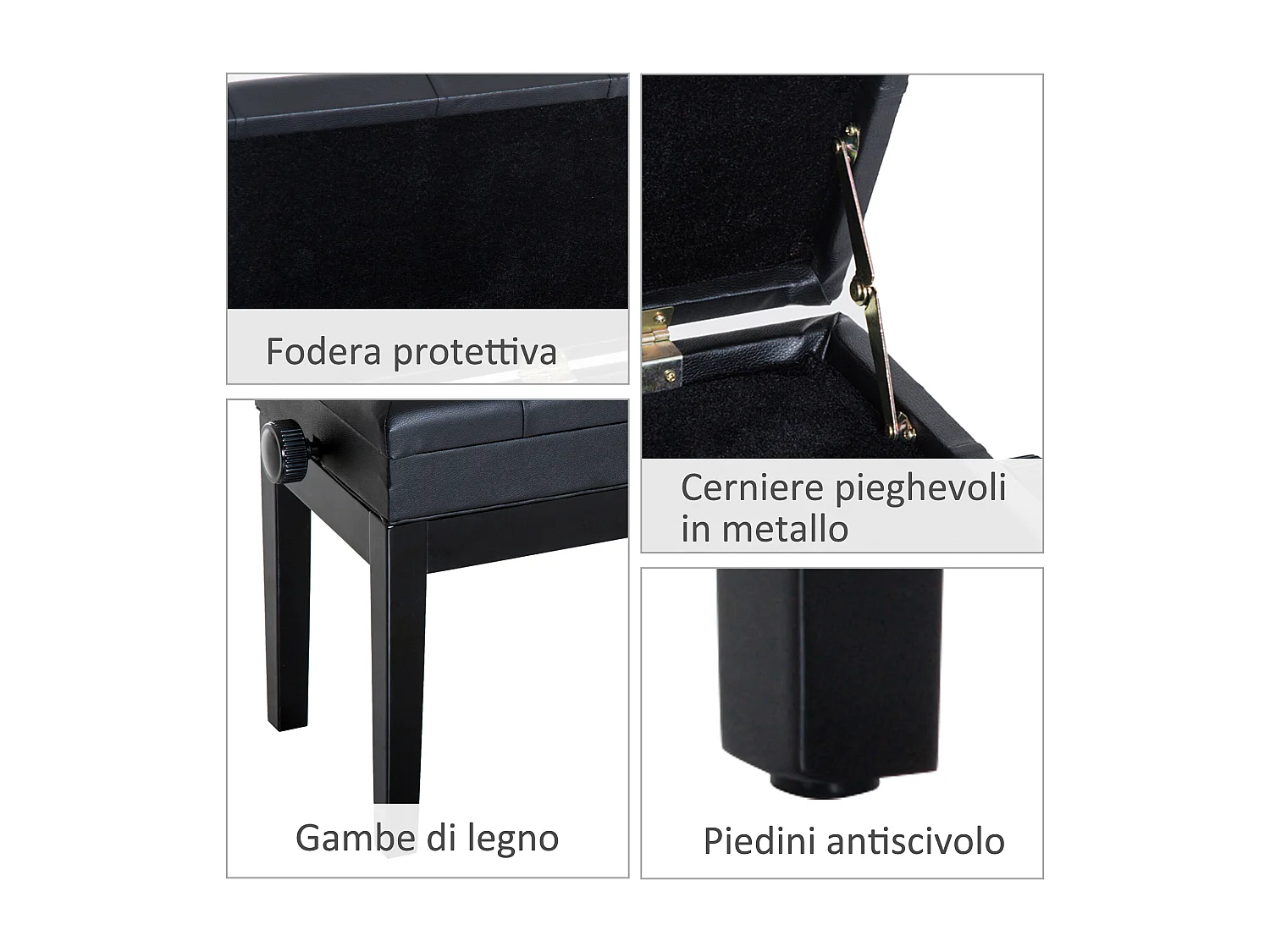 Sgabello per pianoforte altezza regolabile e vano portaoggetti nero