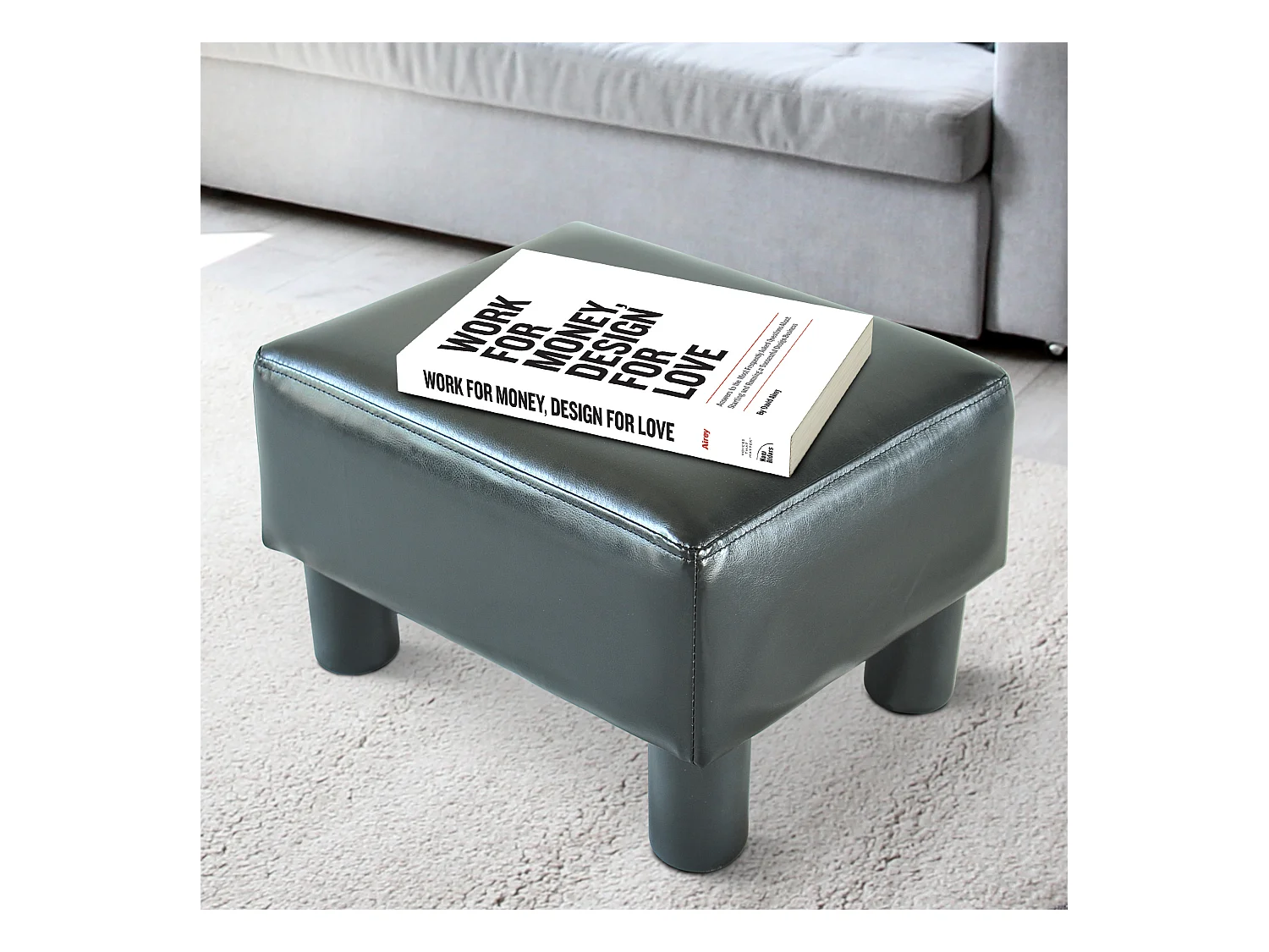 Poggiapiedi rettangolare imbottito con rivestito in finta pelle nero