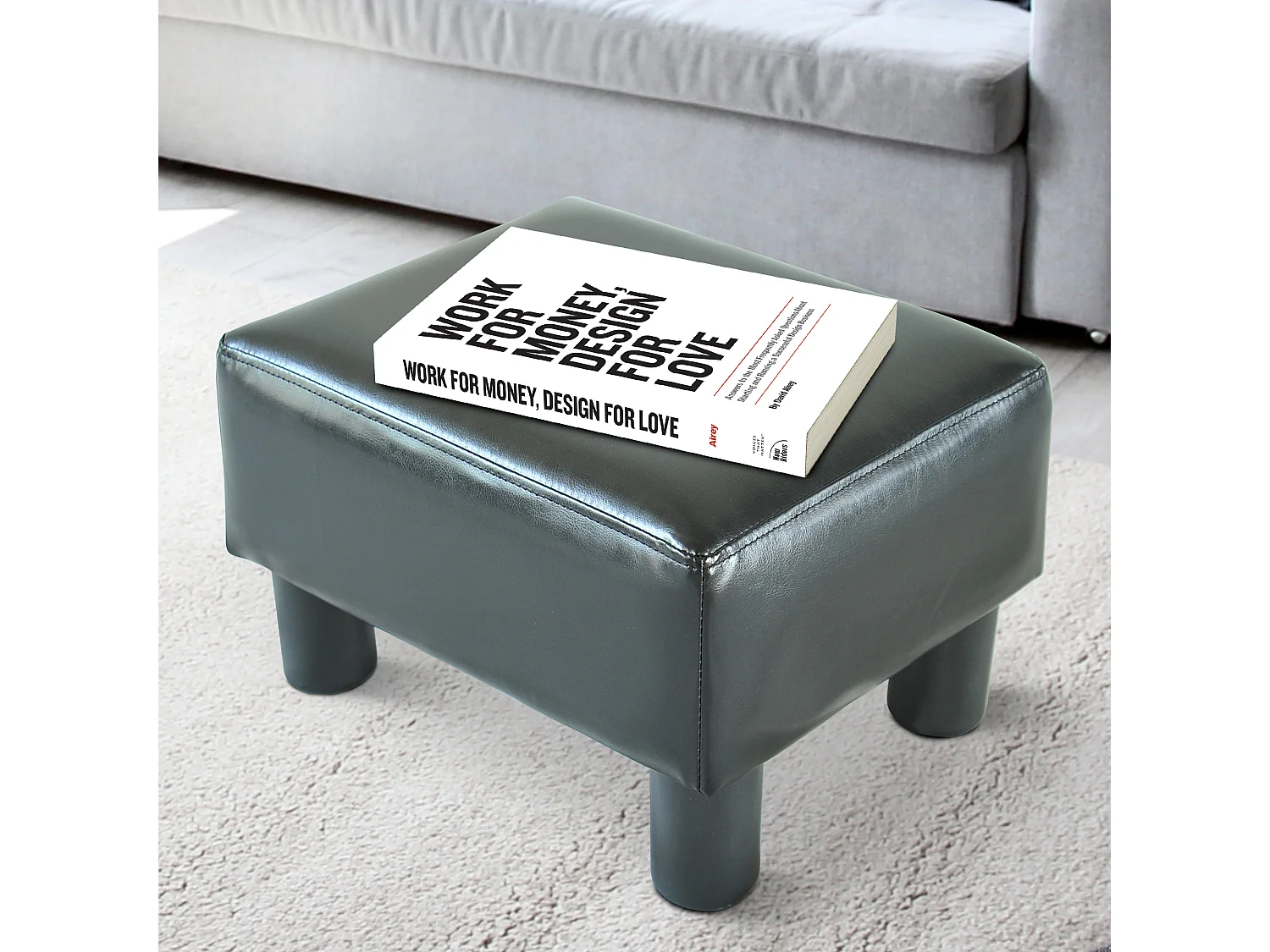 Poggiapiedi rettangolare imbottito con rivestito in finta pelle nero