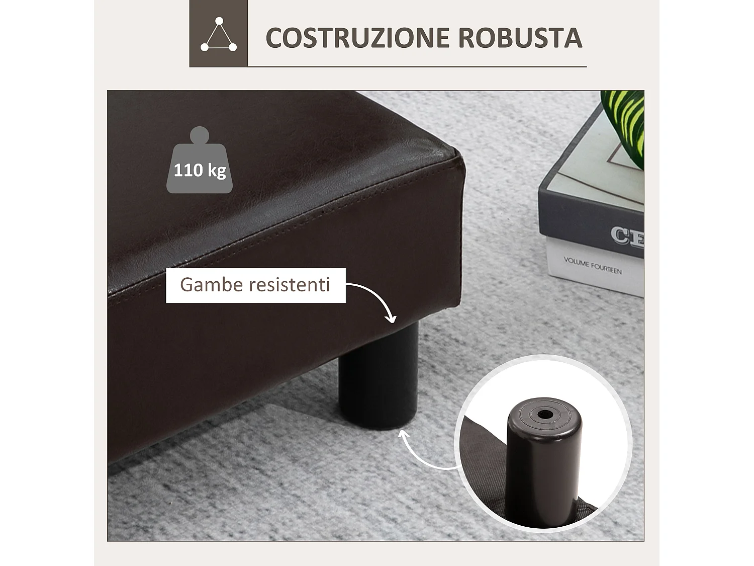 Pouf poggiapiedi imbottito in finta pelle marrone 40x30x24 cm