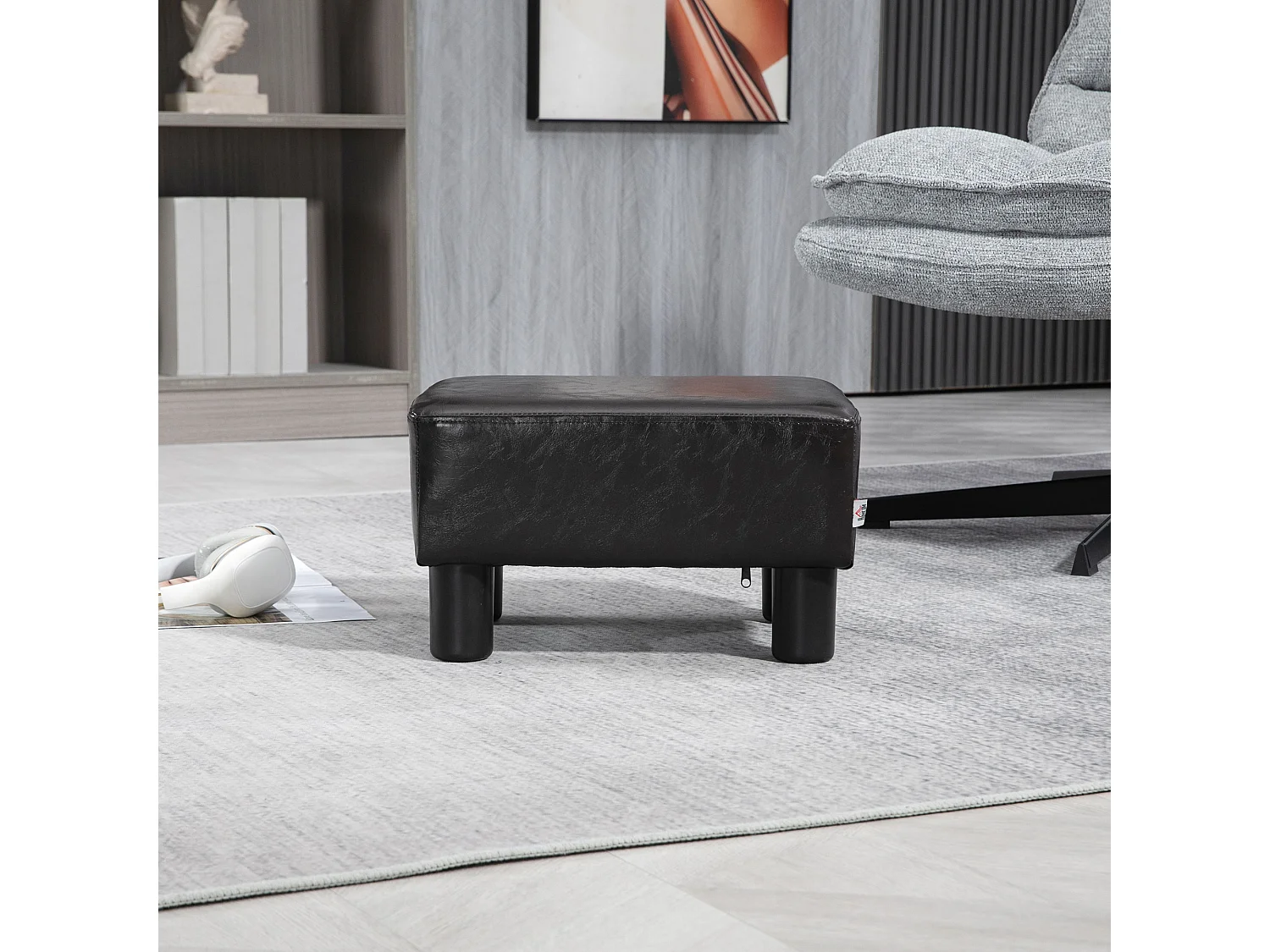 Pouf poggiapiedi imbottito in finta pelle marrone 40x30x24 cm