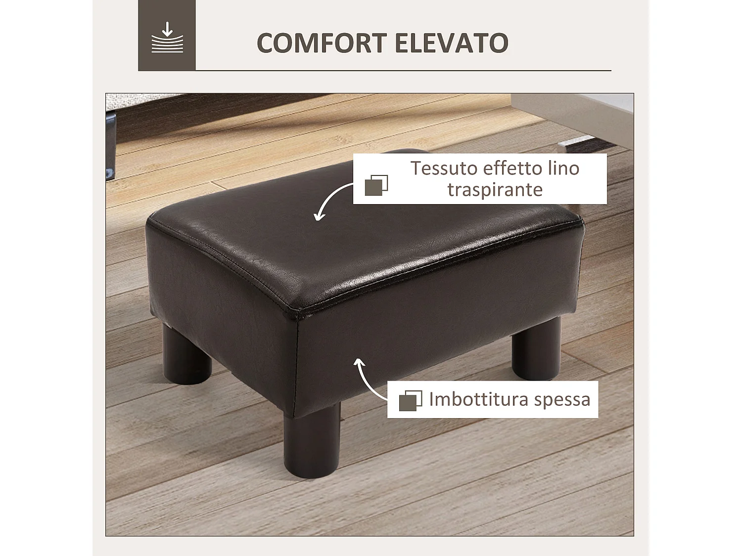 Pouf poggiapiedi imbottito in finta pelle marrone 40x30x24 cm