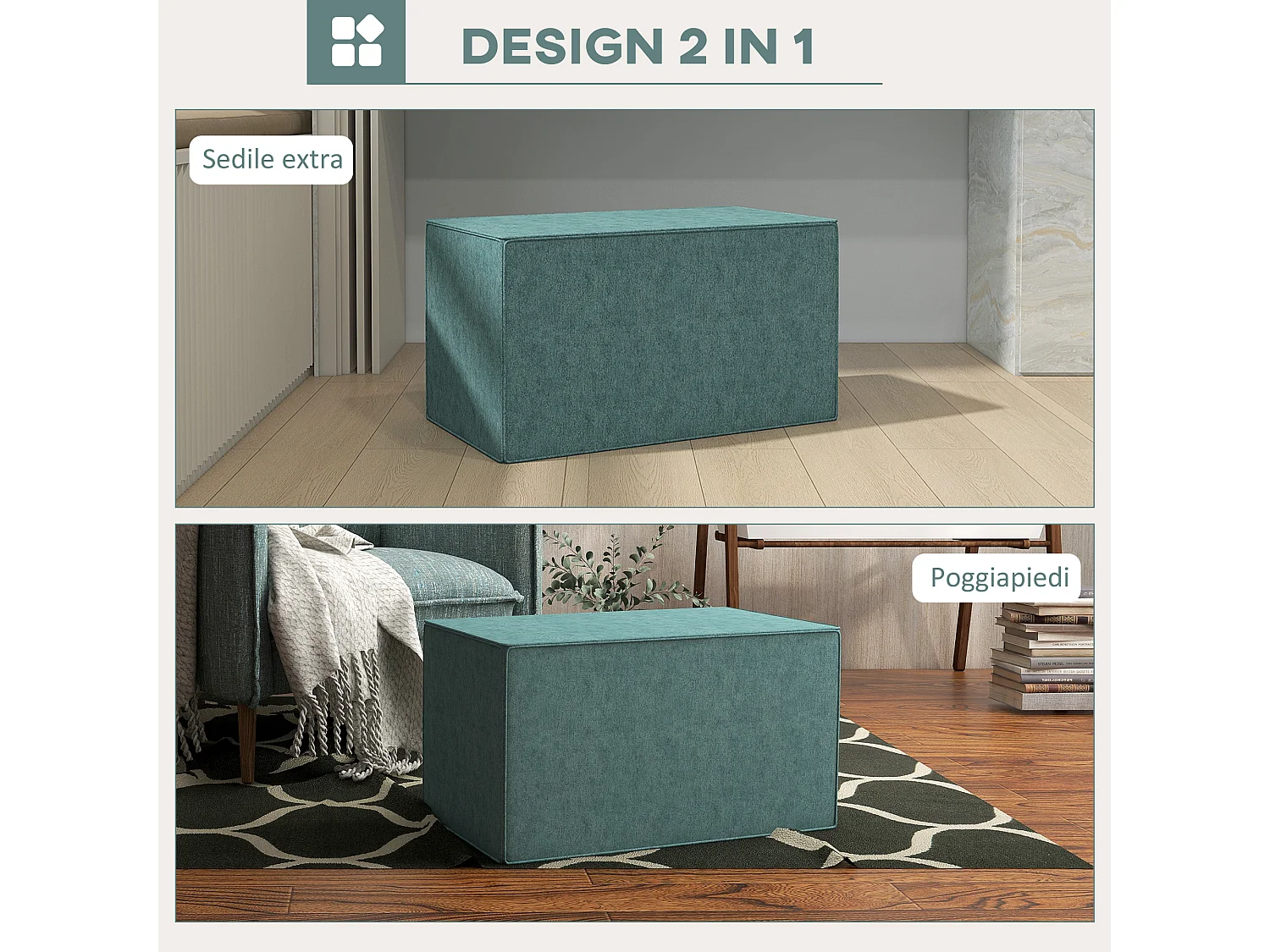Poggiapiedi imbottito con rivestimento in tessuto effetto lino verde