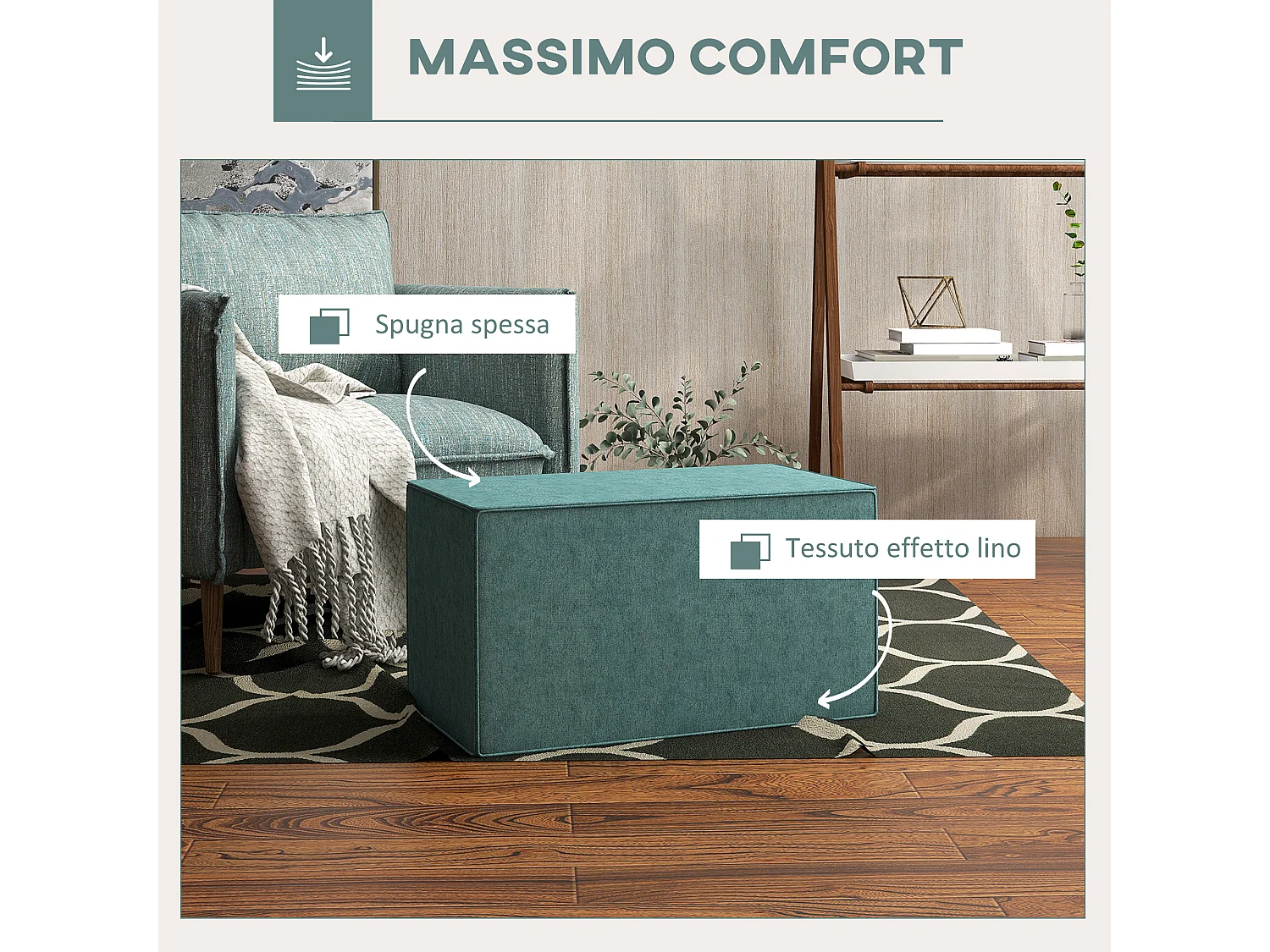 Poggiapiedi imbottito con rivestimento in tessuto effetto lino verde