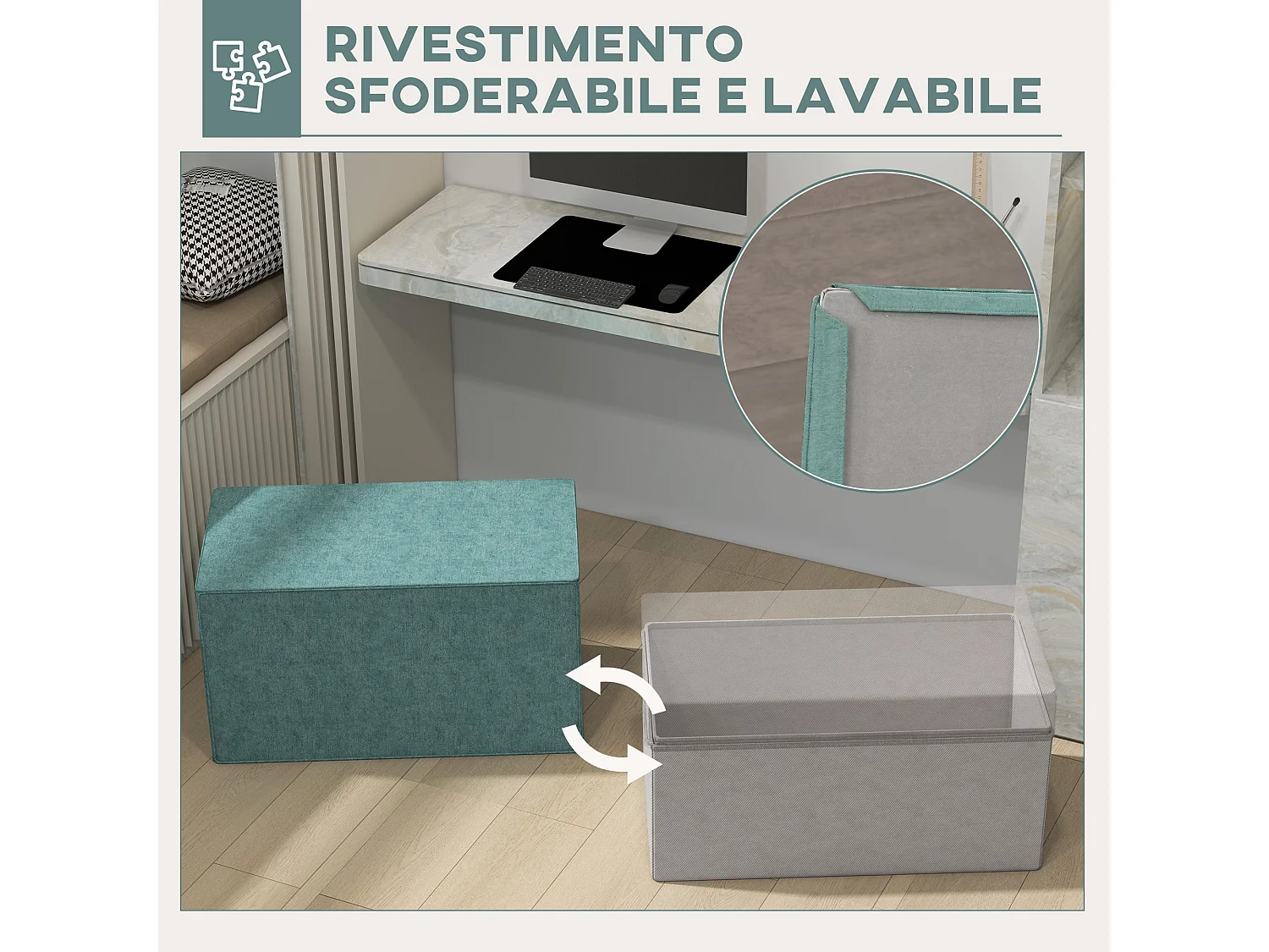 Poggiapiedi imbottito con rivestimento in tessuto effetto lino verde