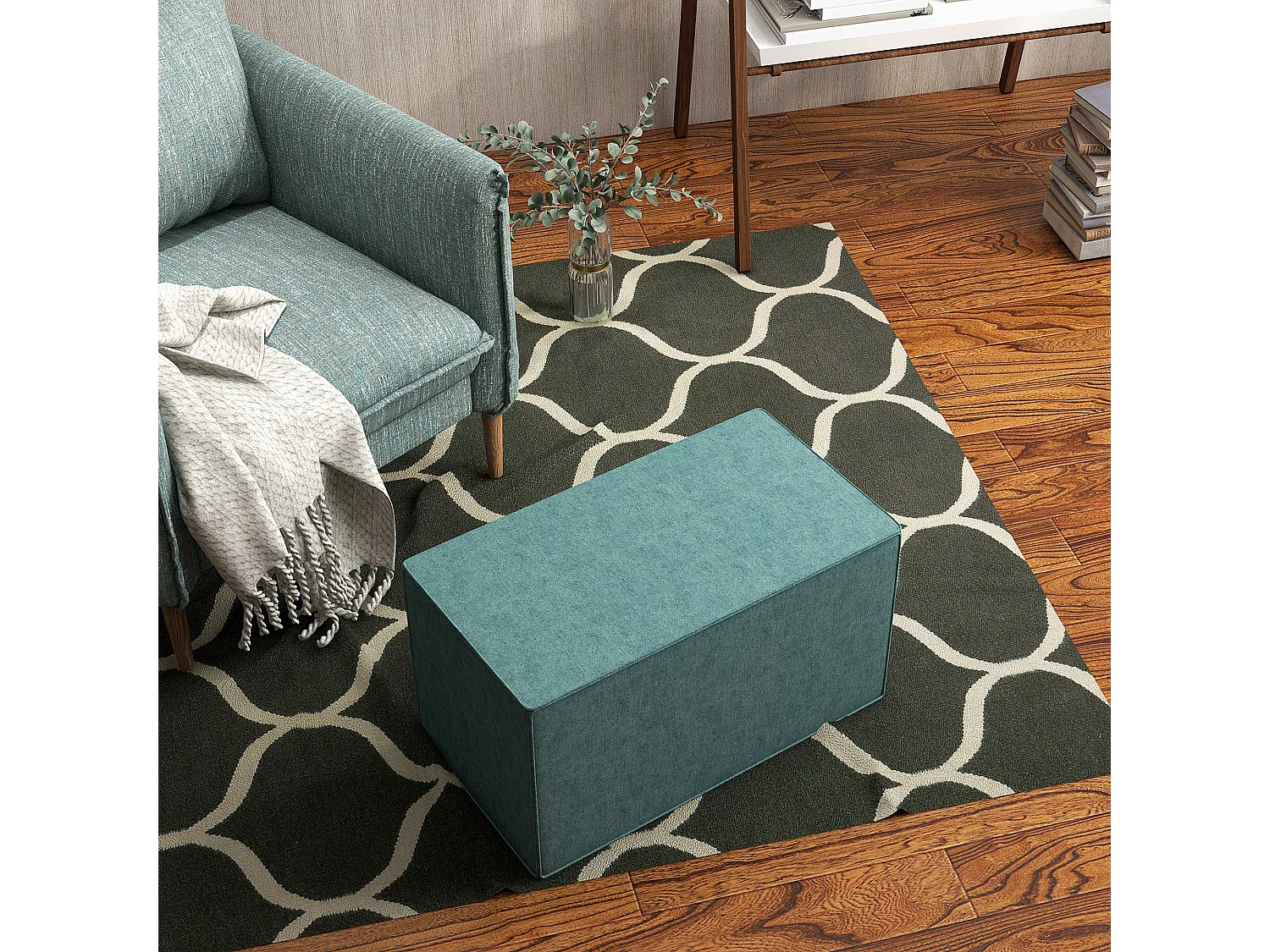 Poggiapiedi imbottito con rivestimento in tessuto effetto lino verde