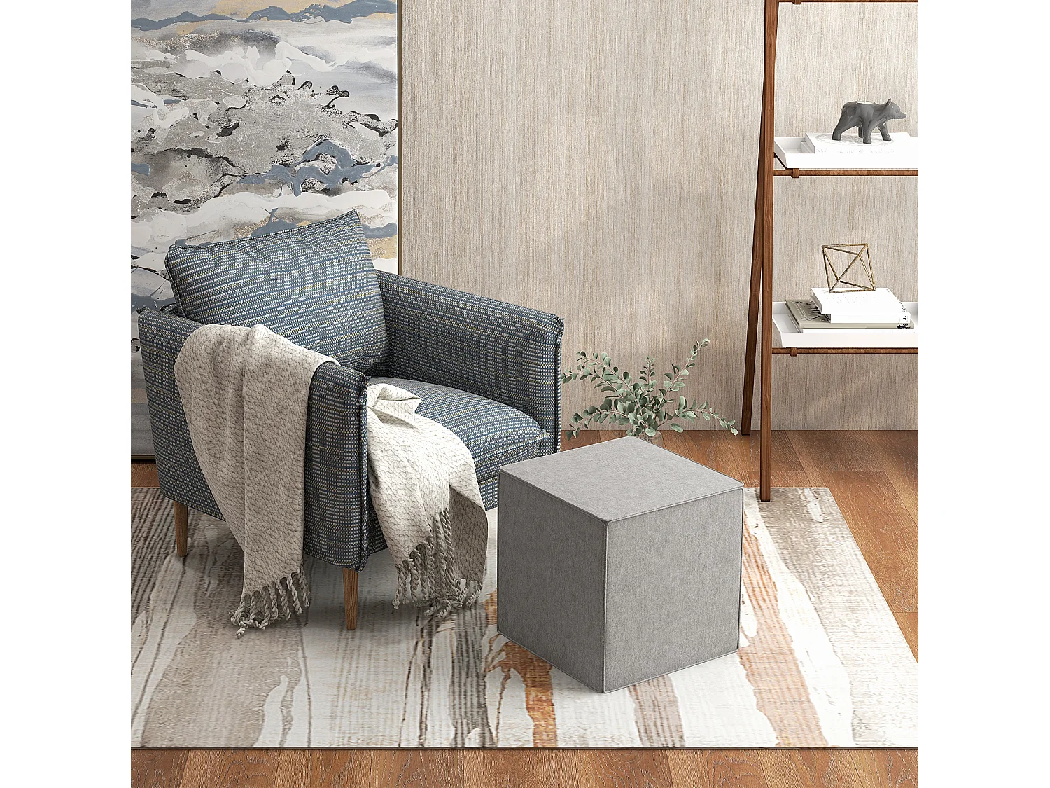 Poggiapiedi con rivestimento in tessuto effetto lino grigio chiaro