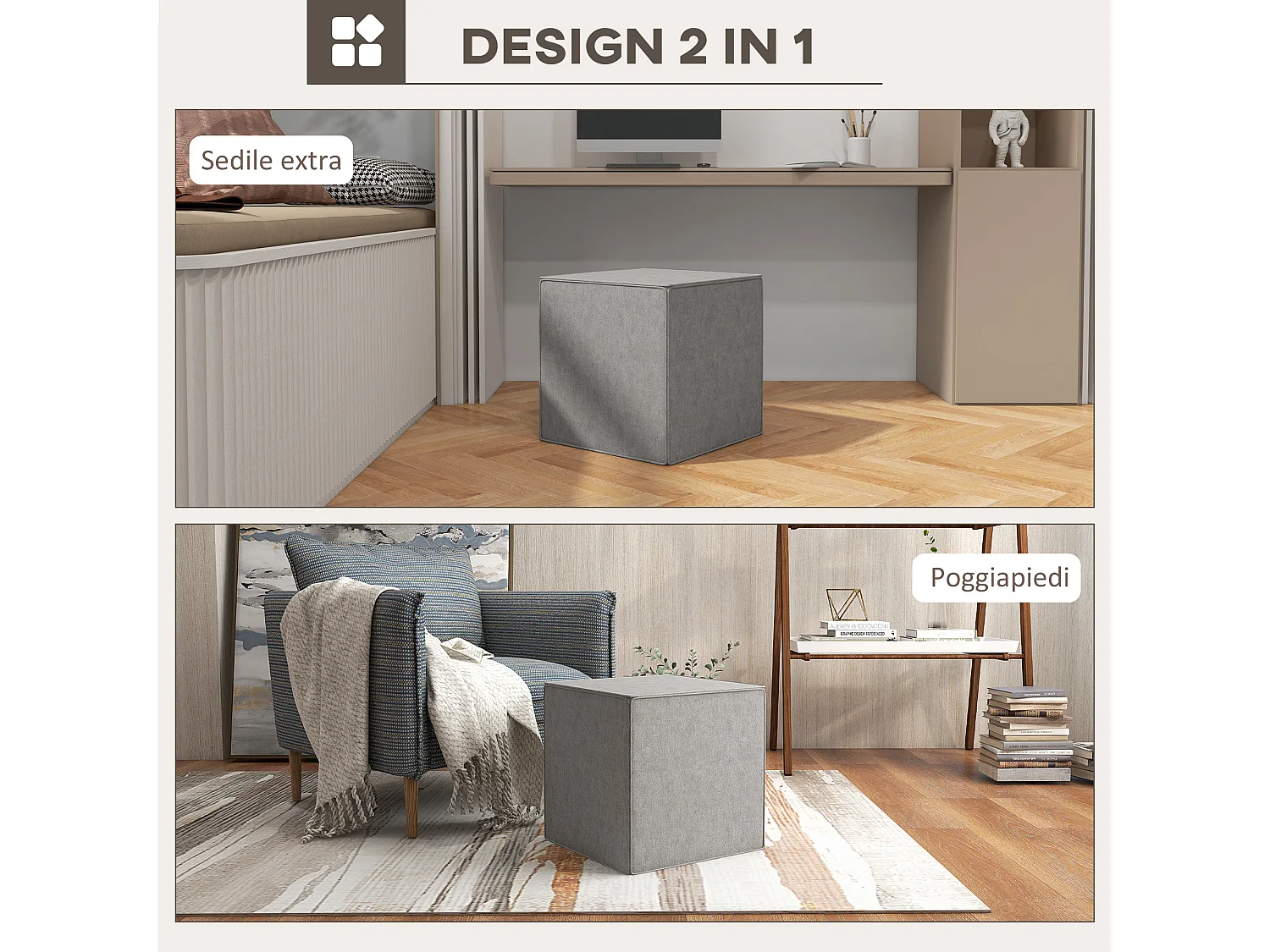 Poggiapiedi con rivestimento in tessuto effetto lino grigio chiaro