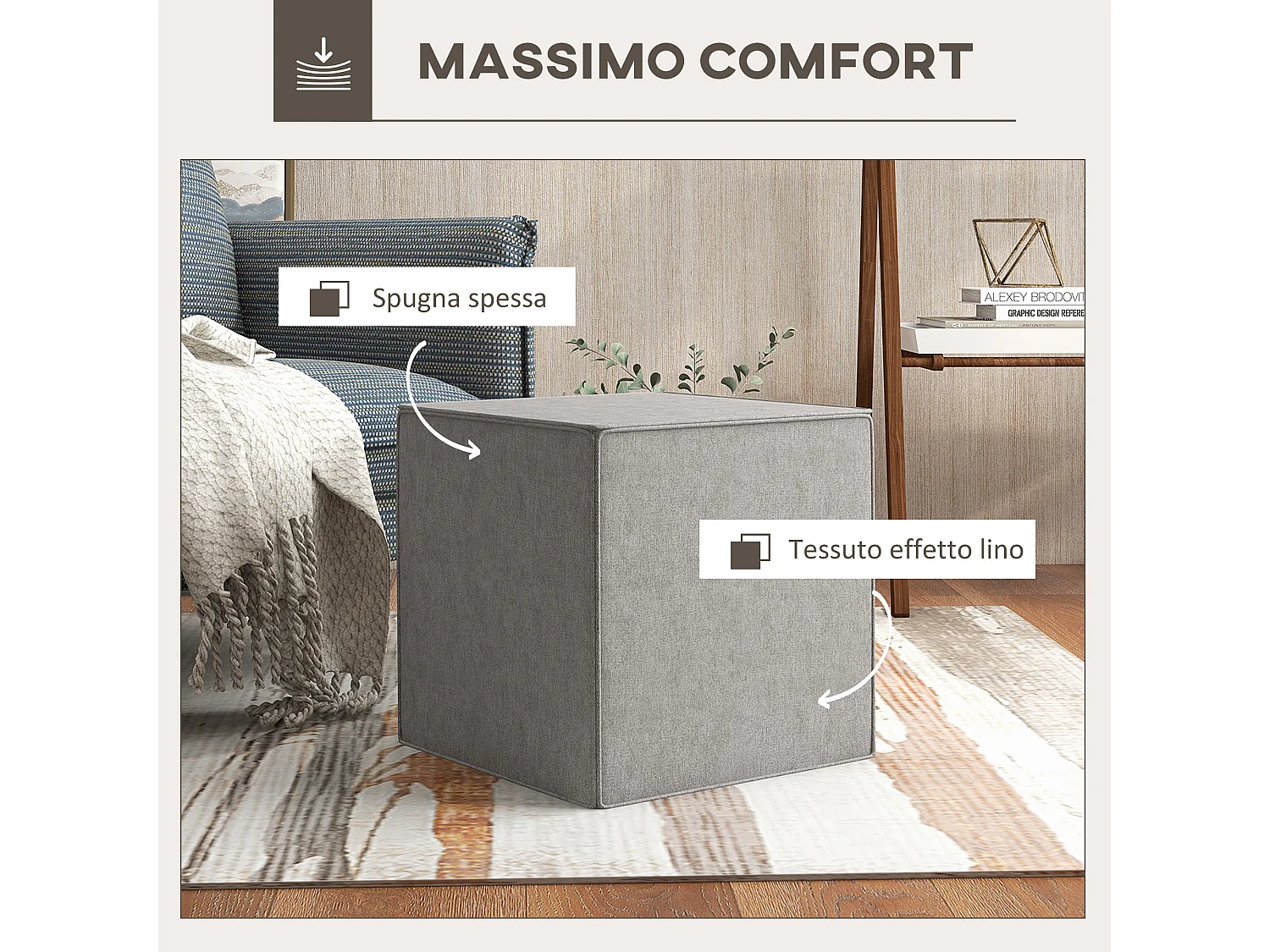 Poggiapiedi con rivestimento in tessuto effetto lino grigio chiaro