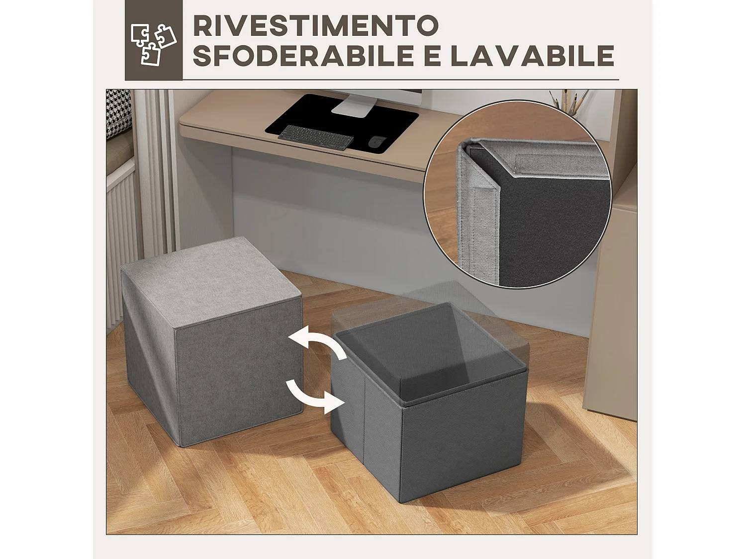 Poggiapiedi con rivestimento in tessuto effetto lino grigio chiaro