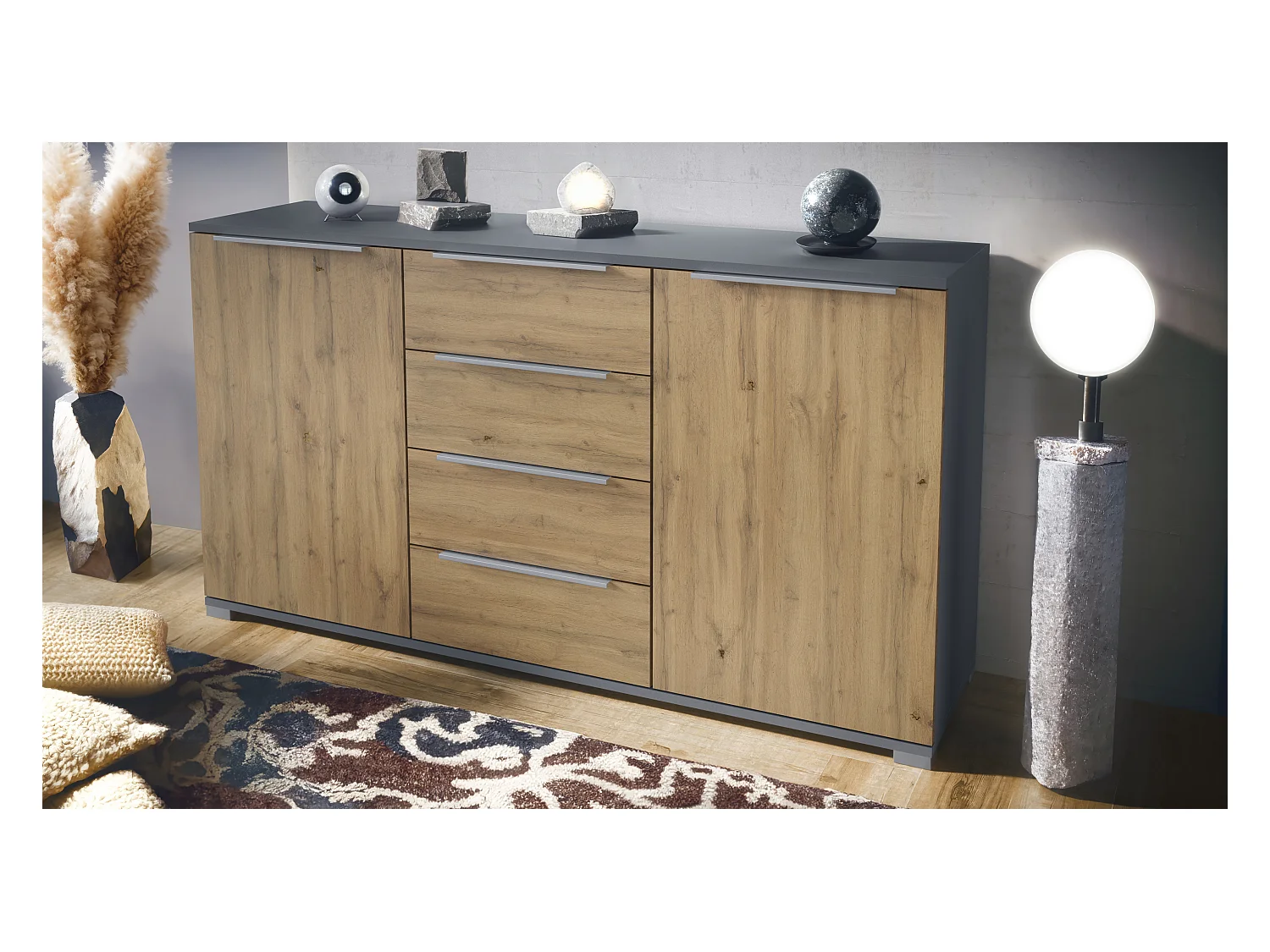Buffet Linio V1, Enfilade avec 2 portes et 4 tiroirs, anthracite mat / Chêne Evoke (138,5 x 75,5 x 35 cm)