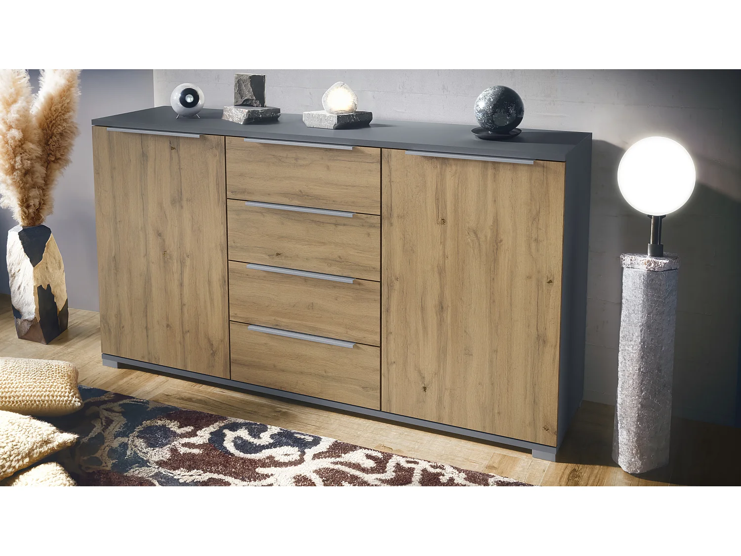Buffet Linio V1, Enfilade avec 2 portes et 4 tiroirs, anthracite mat / Chêne Evoke (138,5 x 75,5 x 35 cm)