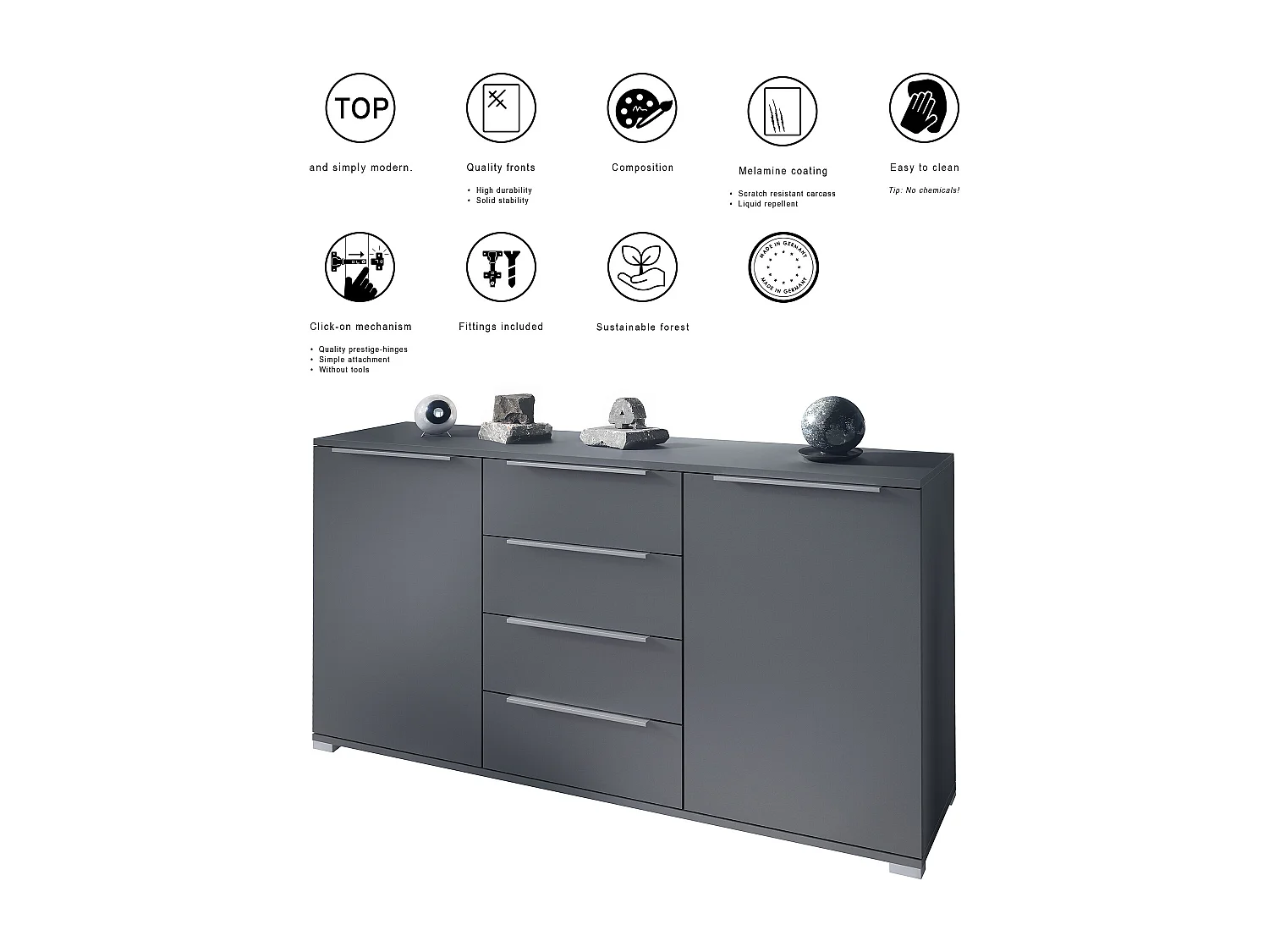 Buffet Linio V1, Enfilade avec 2 portes et 4 tiroirs, anthracite mat / Chêne Evoke (138,5 x 75,5 x 35 cm)