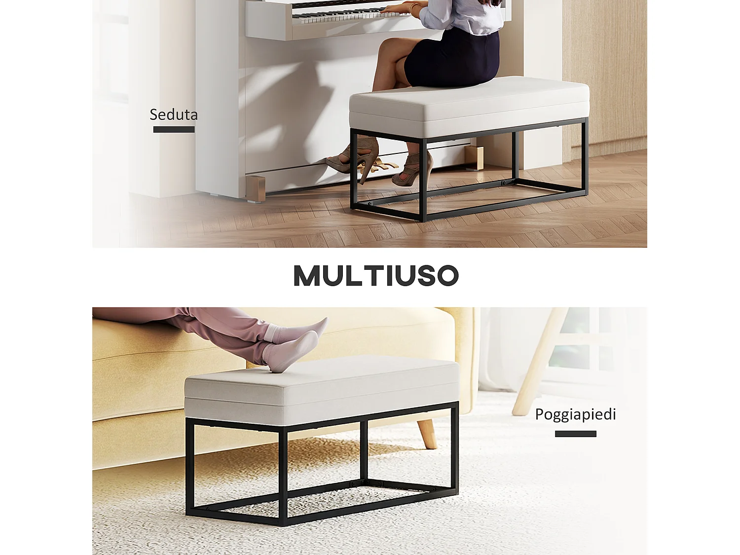 Panca da Ingresso moderno e vellutato con piedini regolabili crema