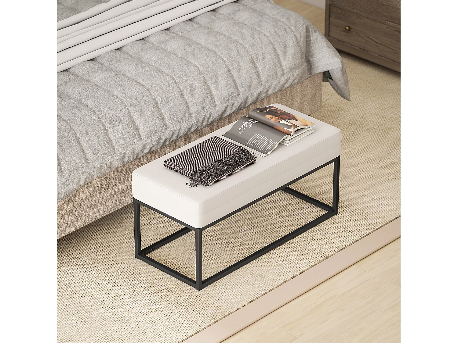 Panca da Ingresso moderno e vellutato con piedini regolabili crema