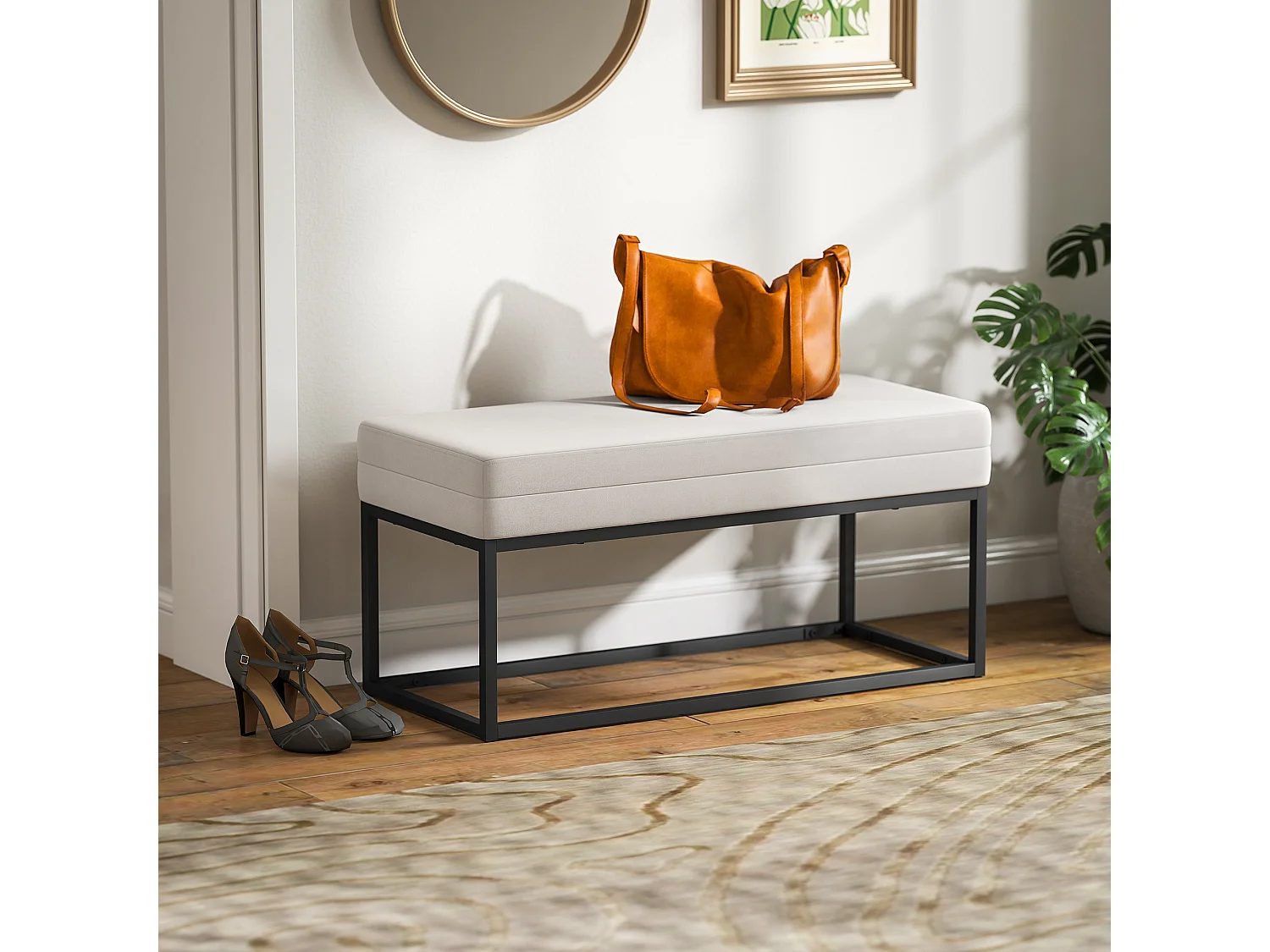 Panca da Ingresso moderno e vellutato con piedini regolabili crema