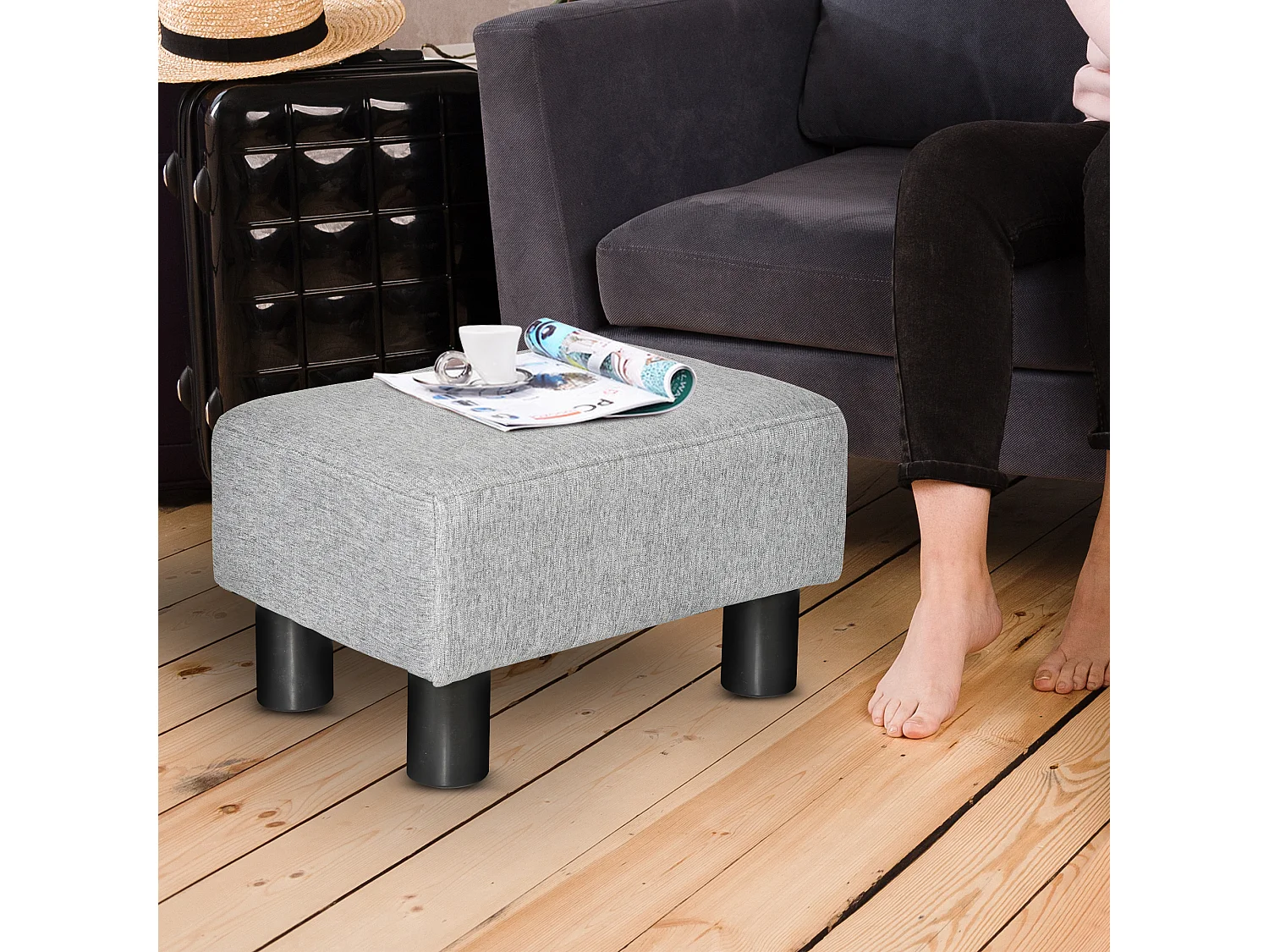 Pouf poggiapiedi in tessuto effetto lino imbottito 40x30x24 cm grigio