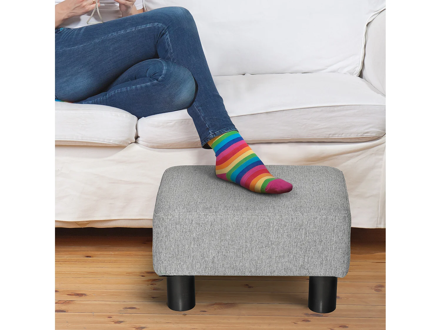 Pouf poggiapiedi in tessuto effetto lino imbottito 40x30x24 cm grigio