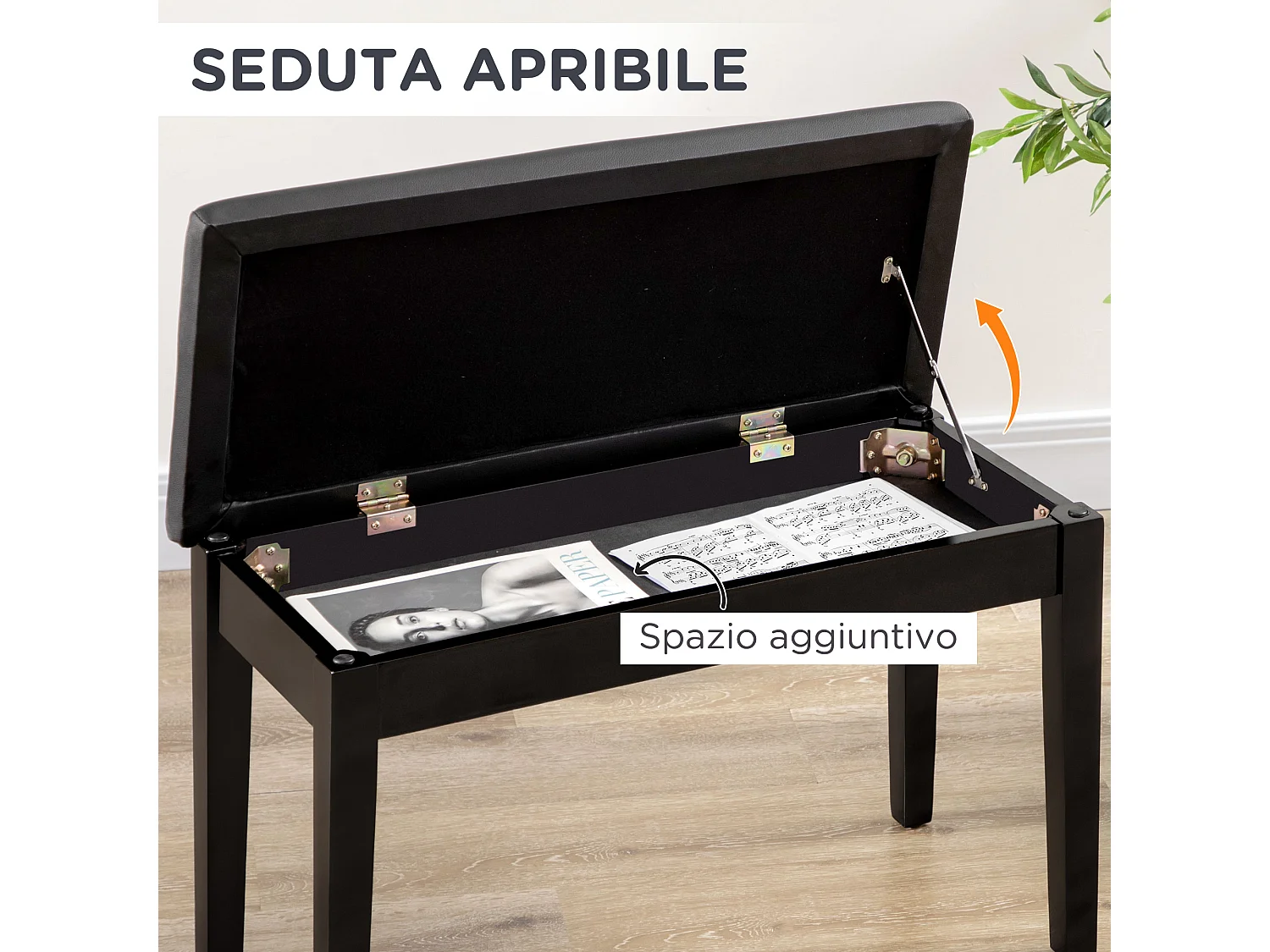 Sgabello per pianoforte con vano contenitore in legno e pelle pu nero