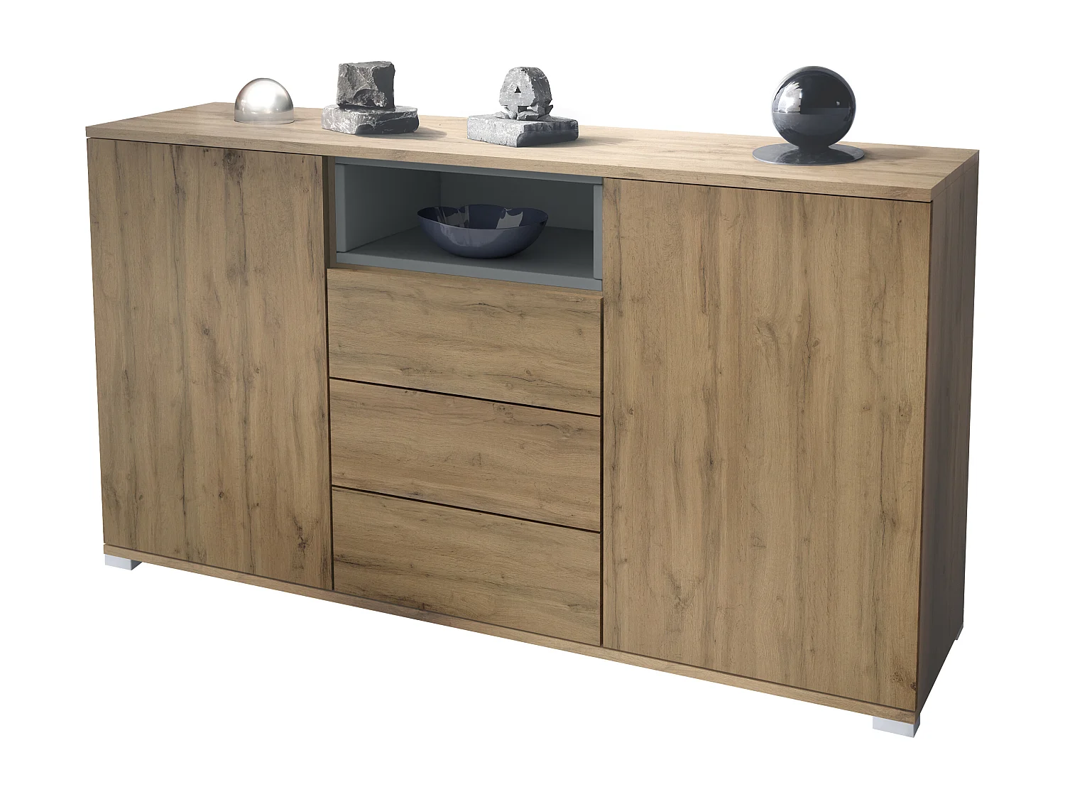 Skadu V2 Buffet, Commode avec 2 portes, 3 tiroirs et 1 compartiment ouvert, Chêne Evoke/graphite satiné mat (138,5 x 75,5 x 35 cm)