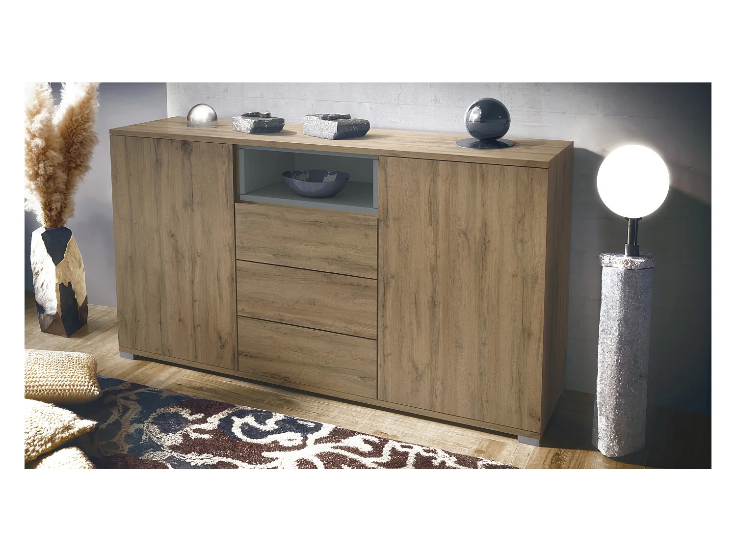 Skadu V2 Buffet, Commode avec 2 portes, 3 tiroirs et 1 compartiment ouvert, Chêne Evoke/graphite satiné mat (138,5 x 75,5 x 35 cm)