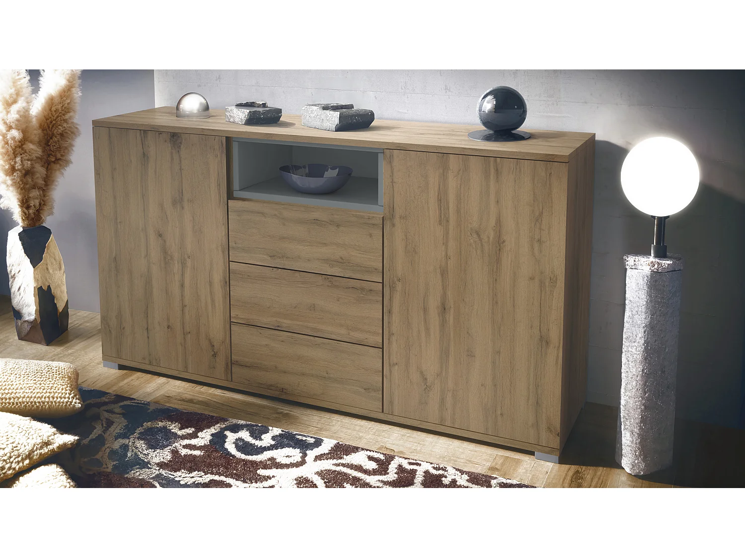 Skadu V2 Buffet, Commode avec 2 portes, 3 tiroirs et 1 compartiment ouvert, Chêne Evoke/graphite satiné mat (138,5 x 75,5 x 35 cm)