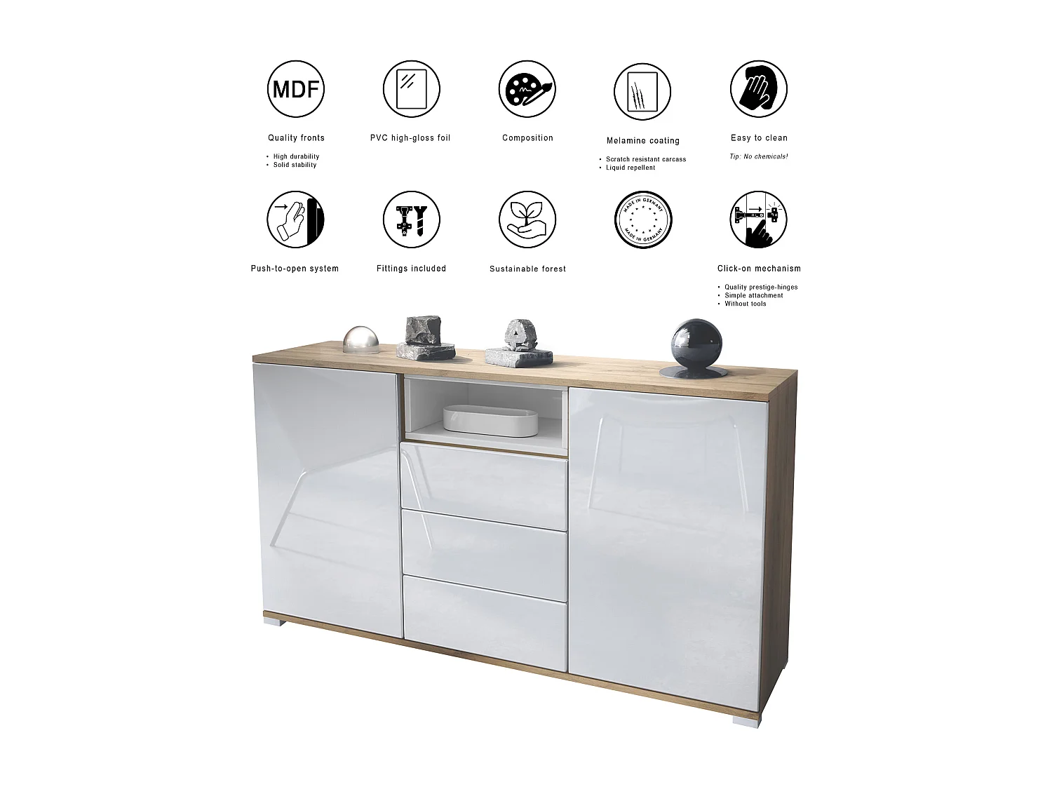 Skadu V2 Buffet, Commode avec 2 portes, 3 tiroirs et 1 compartiment ouvert, Chêne Evoke/graphite satiné mat (138,5 x 75,5 x 35 cm)