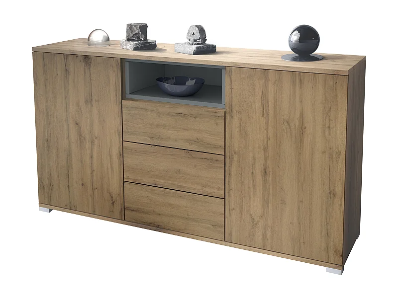 Skadu V2 Buffet, Commode avec 2 portes, 3 tiroirs et 1 compartiment ouvert, Chêne Evoke/graphite satiné mat (138,5 x 75,5 x 35 cm)