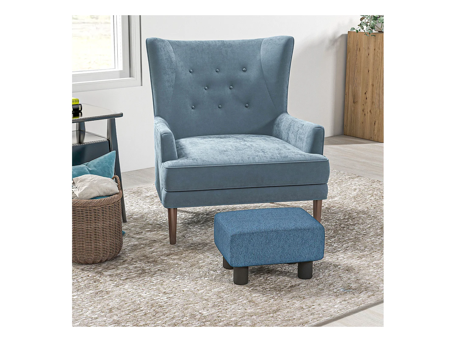 Pouf poggiapiedi imbottito e rettangolare in tessuto blu scuro