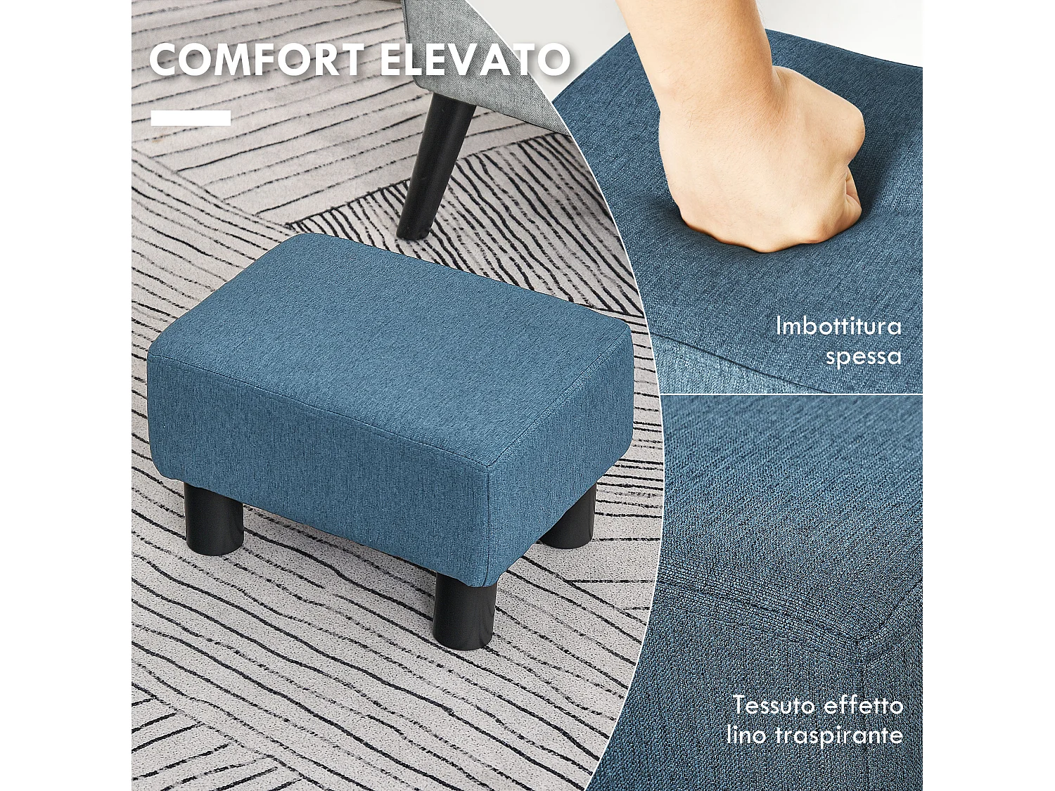 Pouf poggiapiedi imbottito e rettangolare in tessuto blu scuro