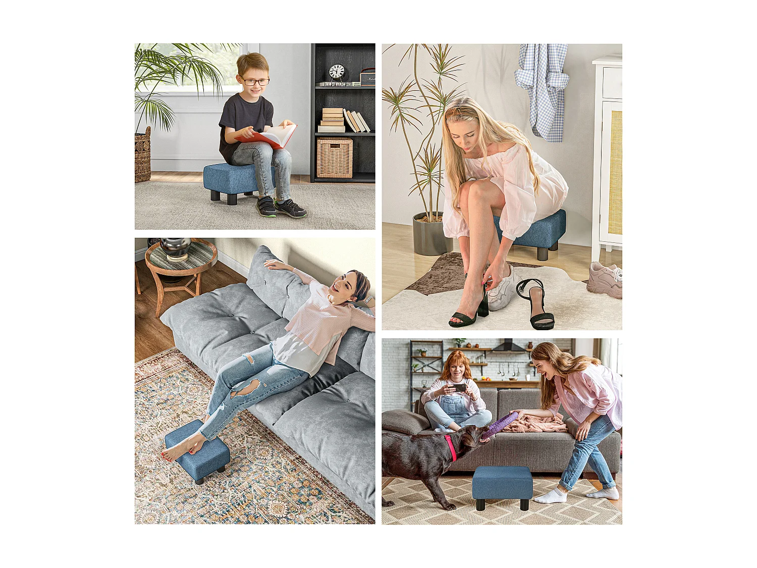 Pouf poggiapiedi imbottito e rettangolare in tessuto blu scuro