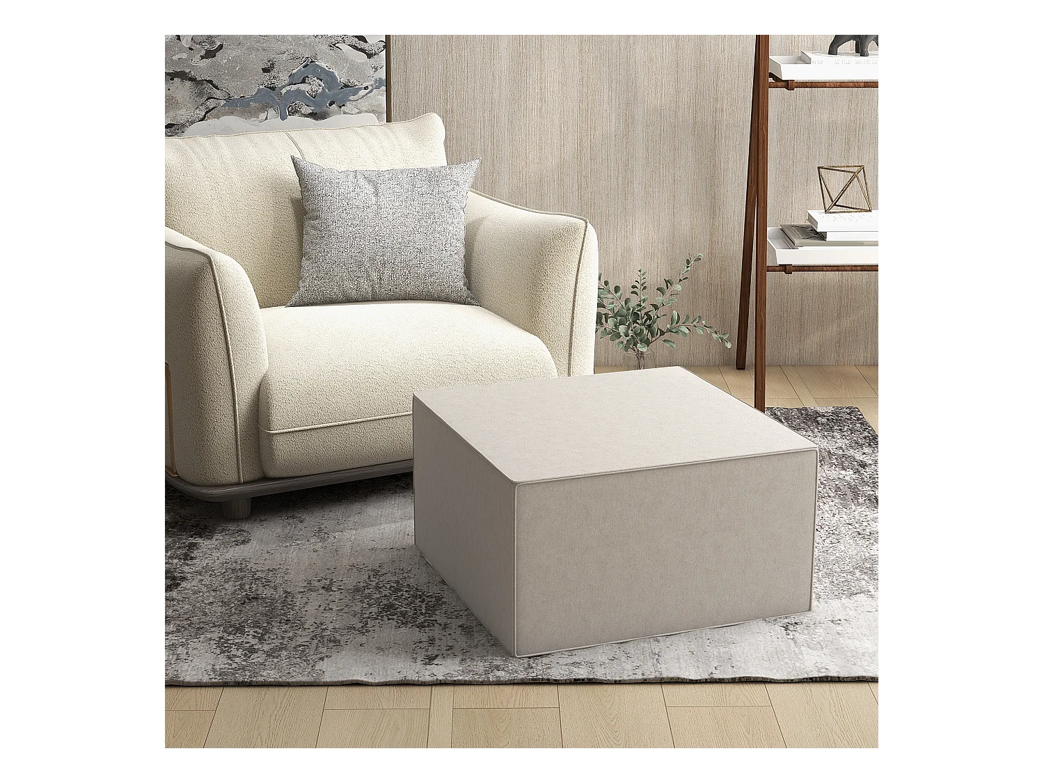 Poggiapiedi imbottito con rivestimento in tessuto effetto lino beige