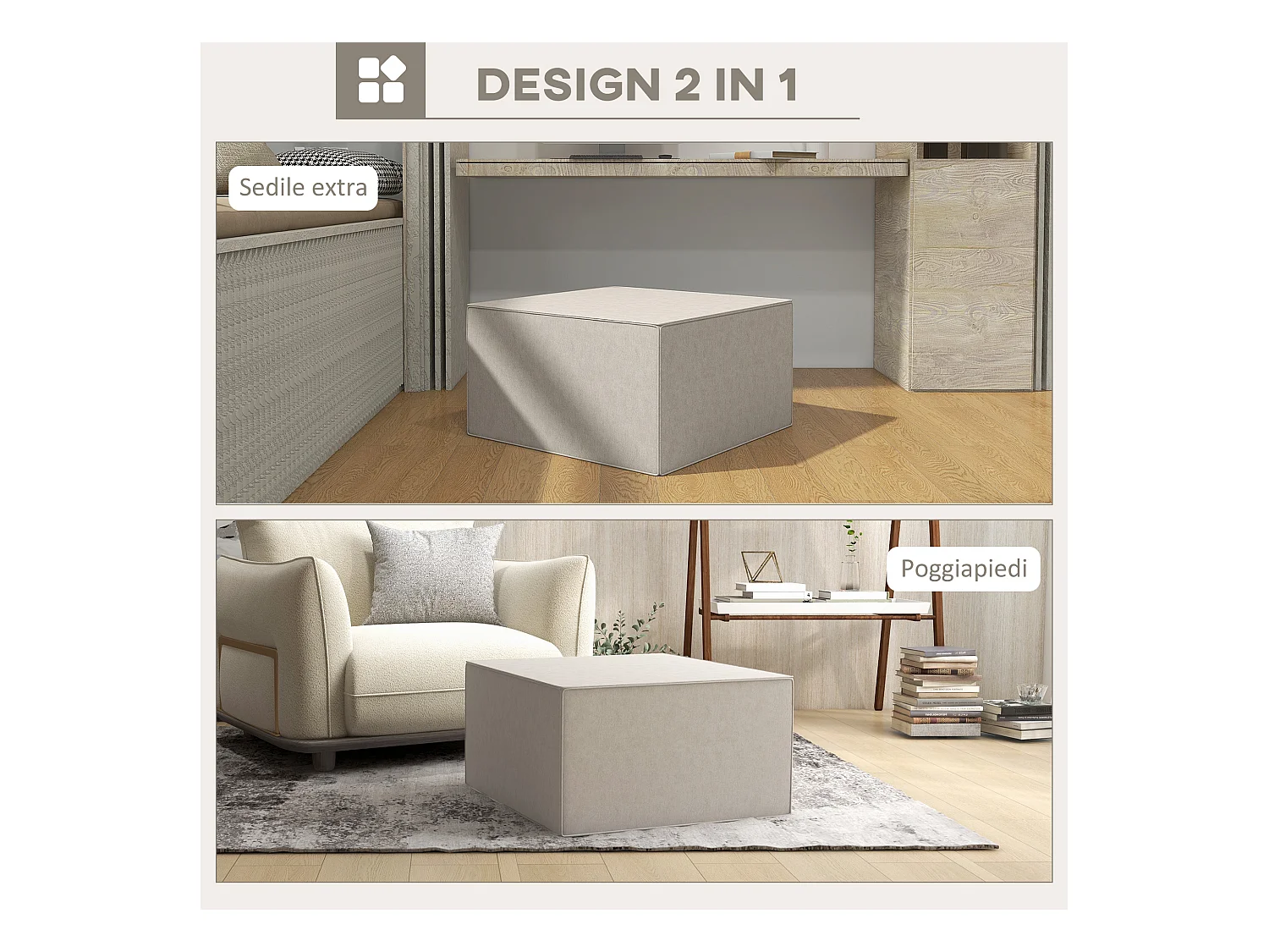 Poggiapiedi imbottito con rivestimento in tessuto effetto lino beige