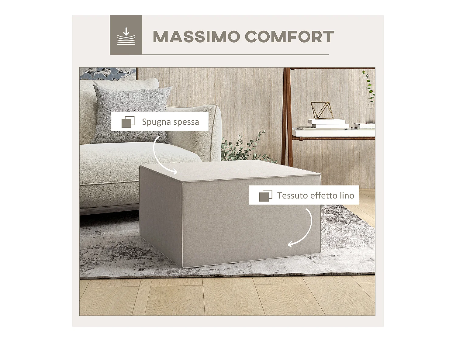 Poggiapiedi imbottito con rivestimento in tessuto effetto lino beige