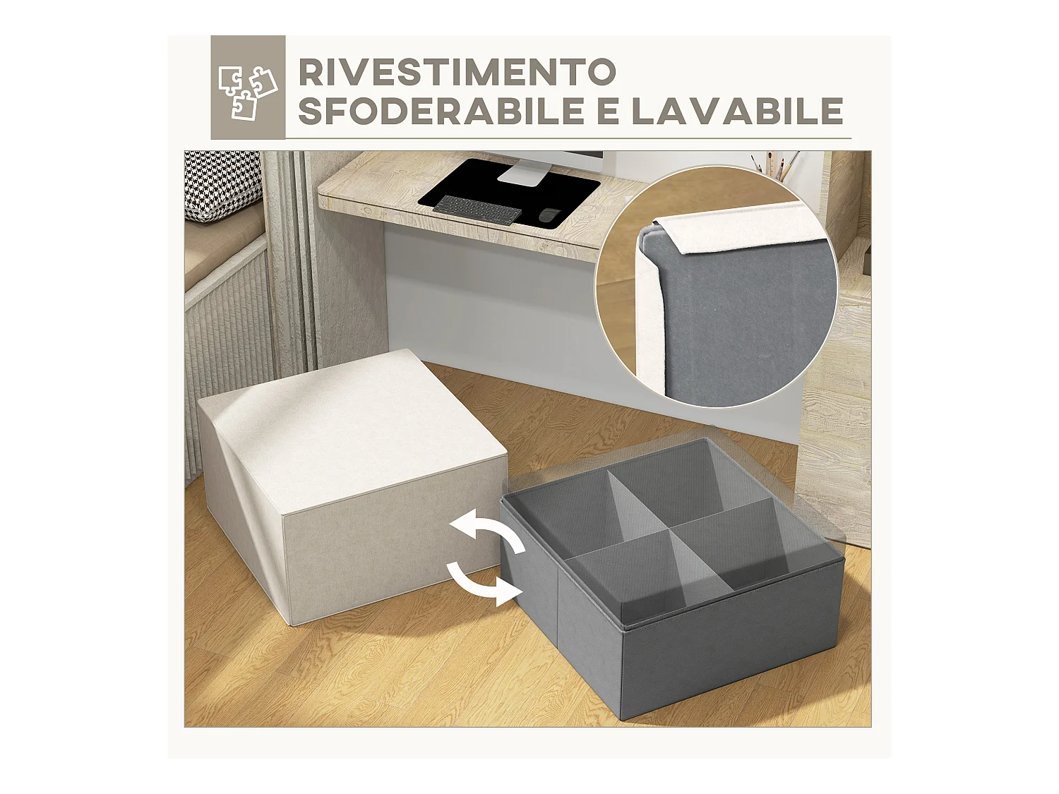 Poggiapiedi imbottito con rivestimento in tessuto effetto lino beige