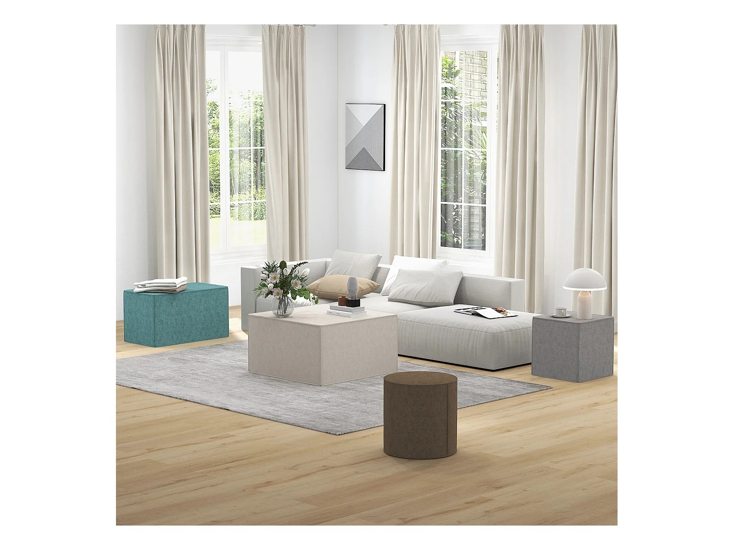 Poggiapiedi imbottito con rivestimento in tessuto effetto lino beige