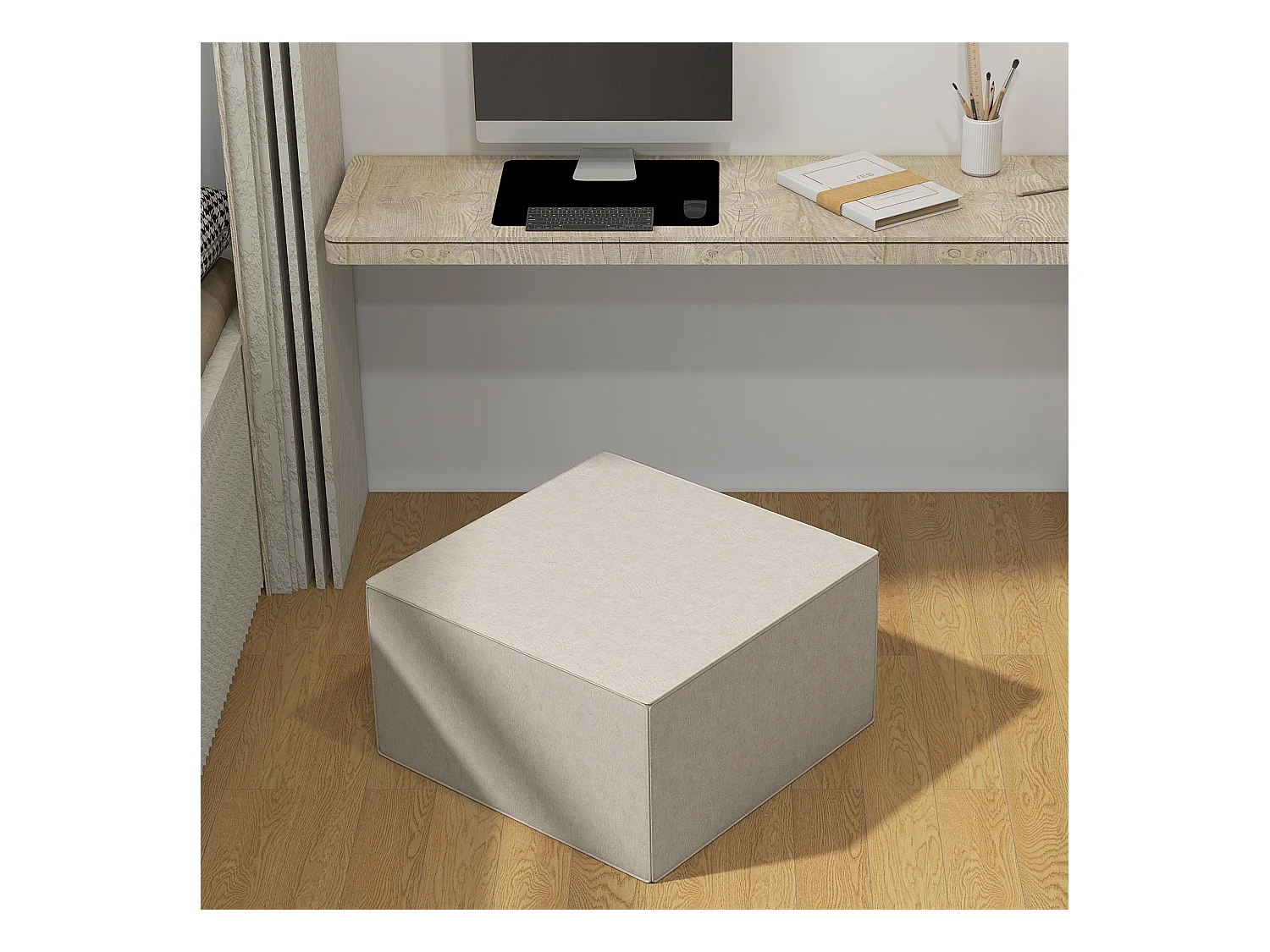 Poggiapiedi imbottito con rivestimento in tessuto effetto lino beige