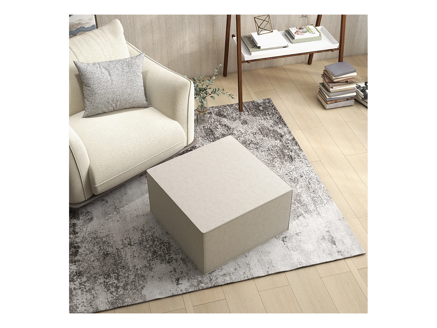 Poggiapiedi imbottito con rivestimento in tessuto effetto lino beige